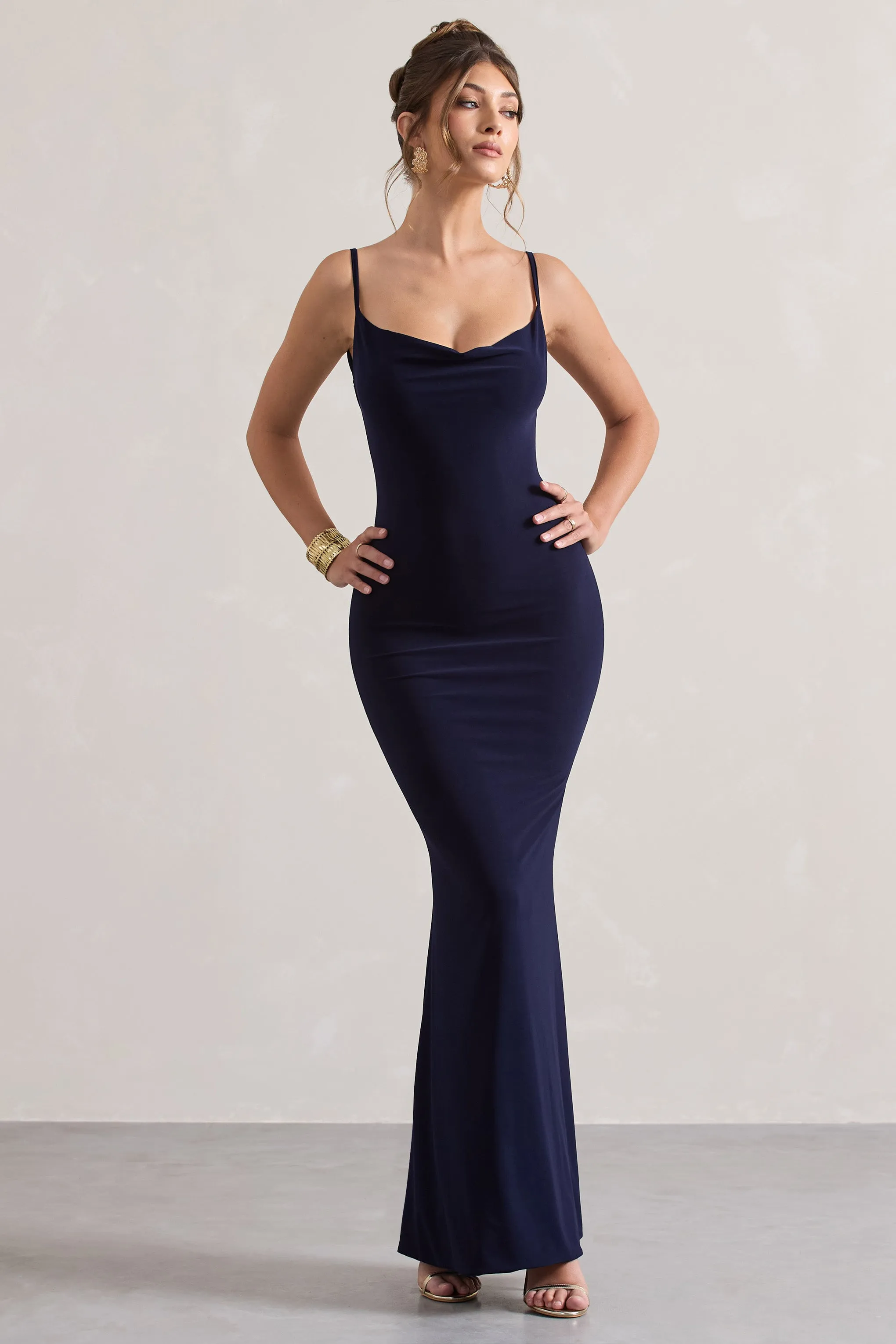 Francoise | Navy Cowl Neck Backless Maxi Dress With Lace Insert Club L London