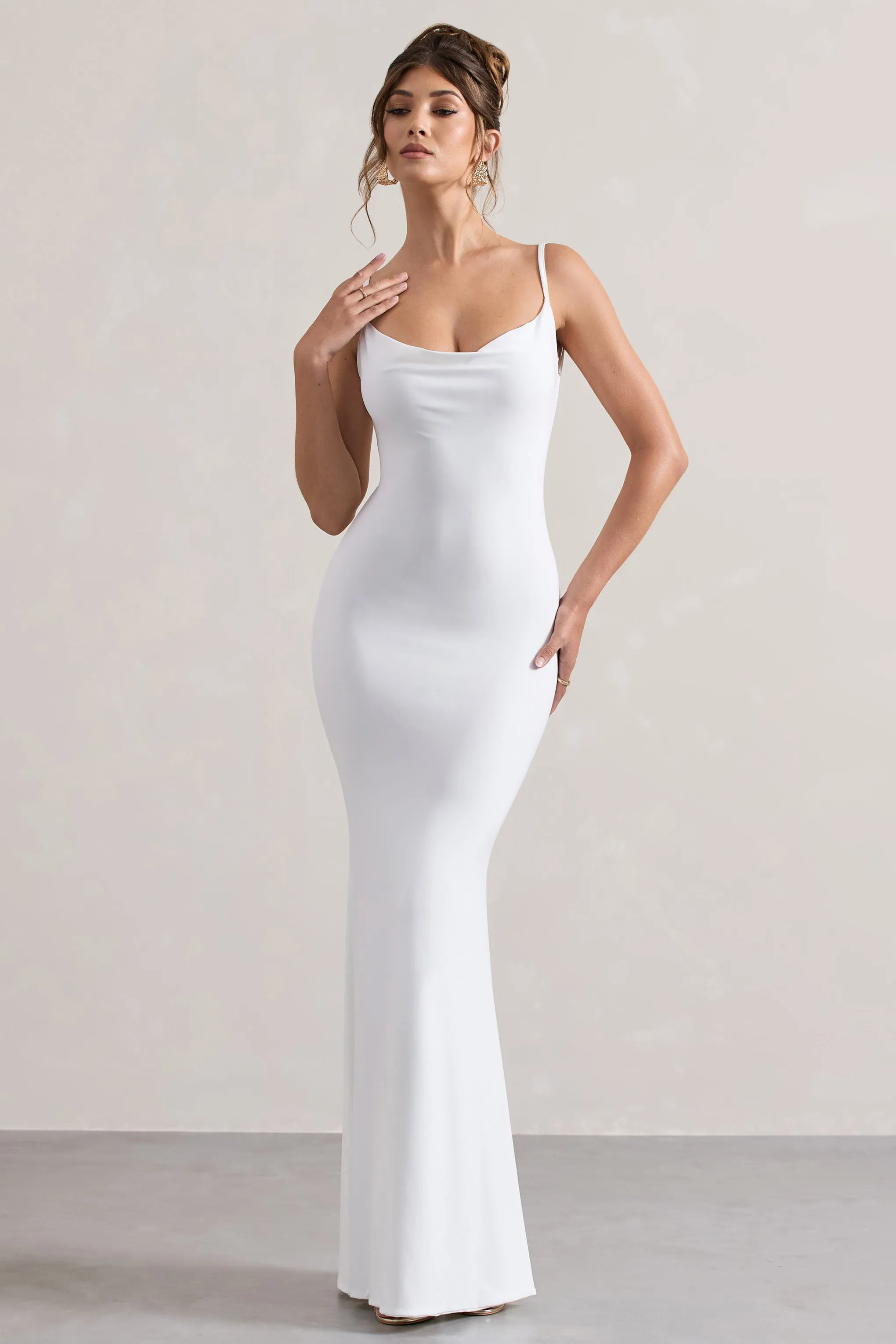 Francoise | White Cowl Neck Backless Maxi Dress With Lace Insert Club L London