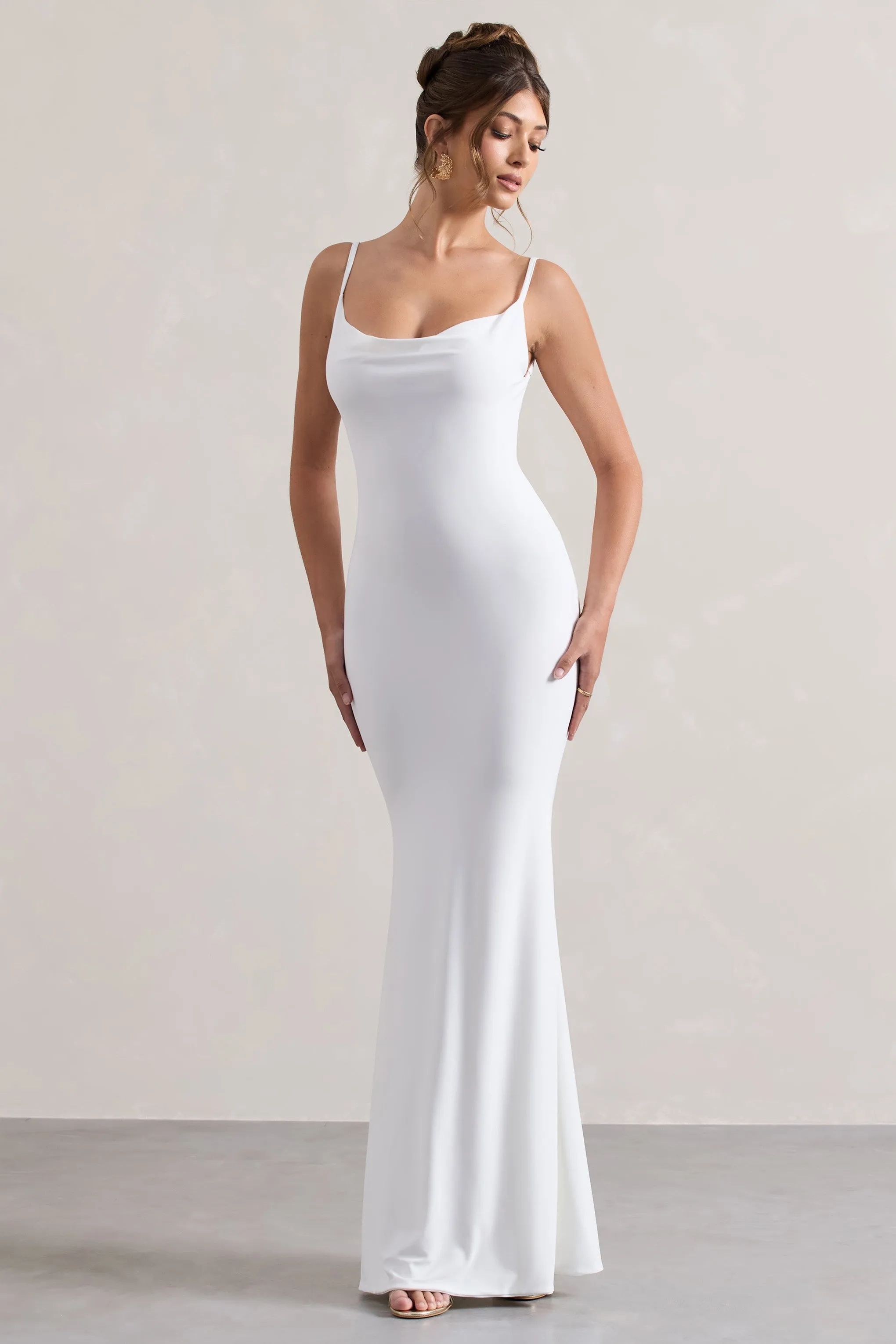 Francoise | White Cowl Neck Backless Maxi Dress With Lace Insert Club L London