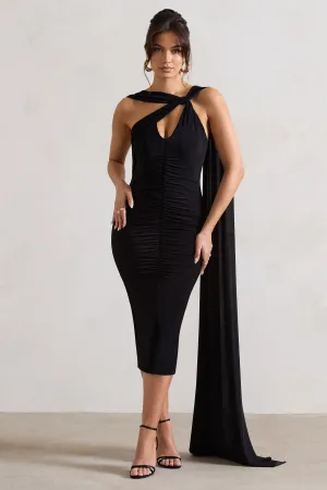 Freedom | Black Strappy Asymmetric Cut-Out Midi Dress With Cape Club L London