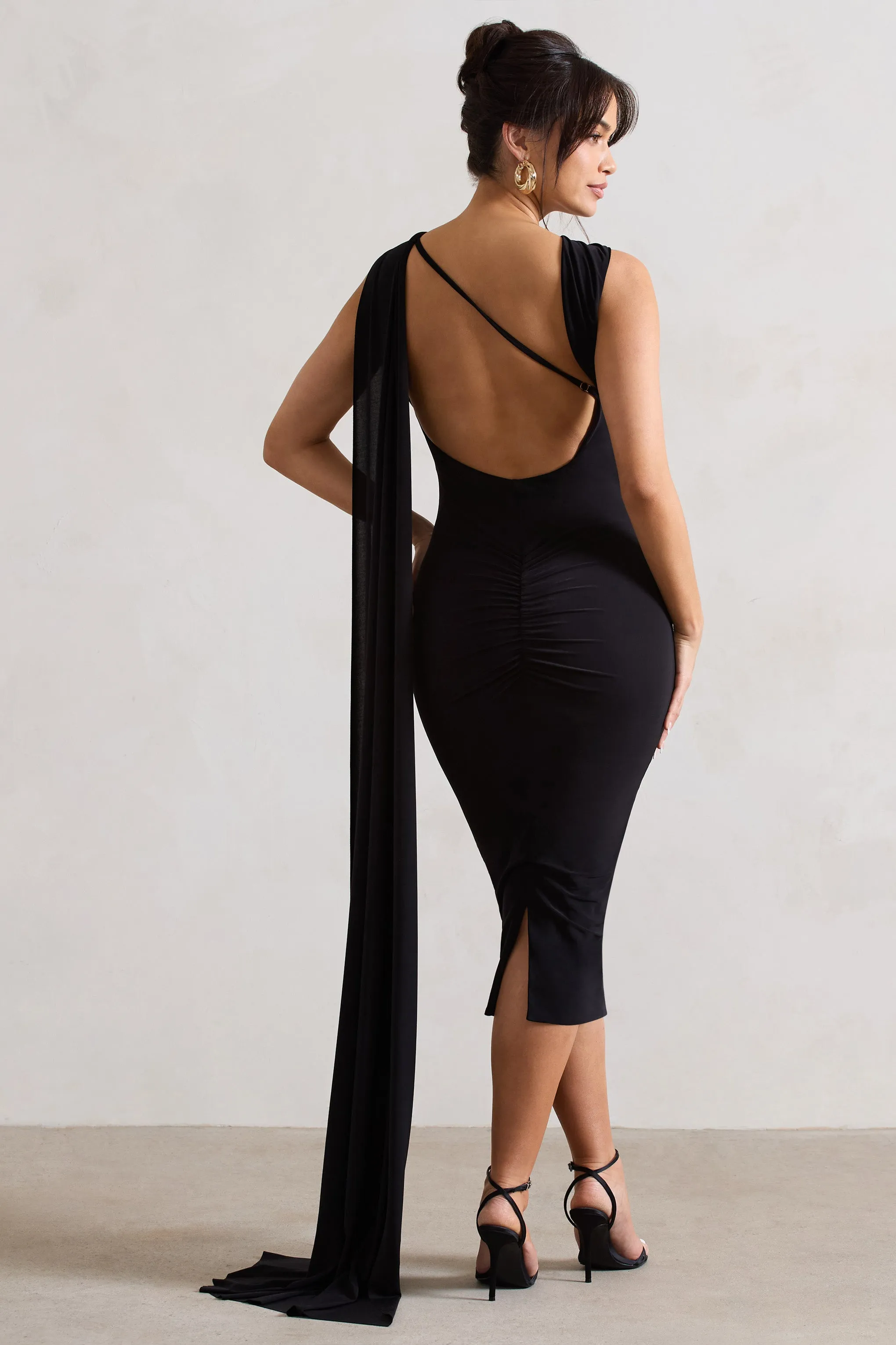 Freedom | Black Strappy Asymmetric Cut-Out Midi Dress With Cape Club L London