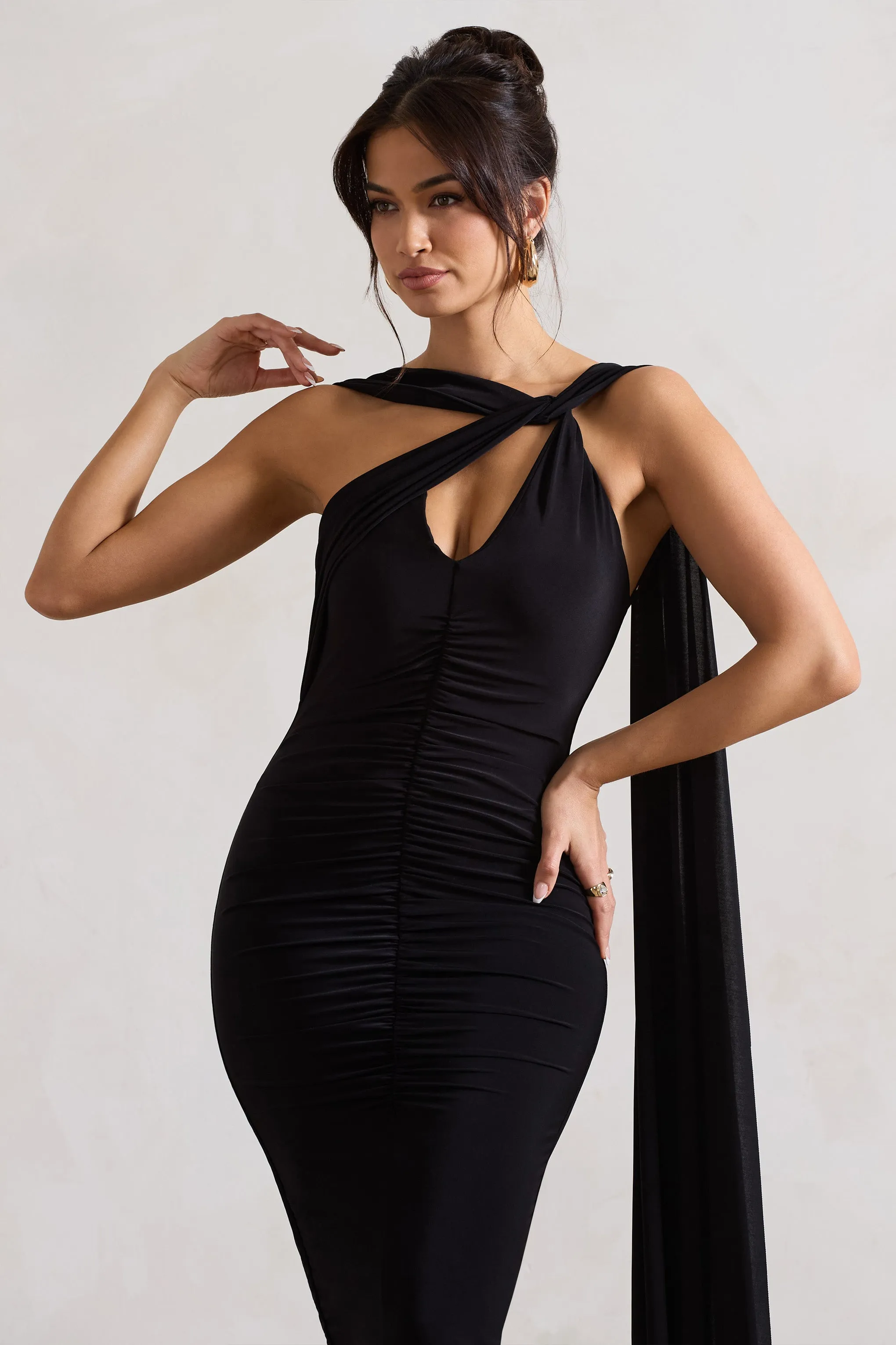 Freedom | Black Strappy Asymmetric Cut-Out Midi Dress With Cape Club L London