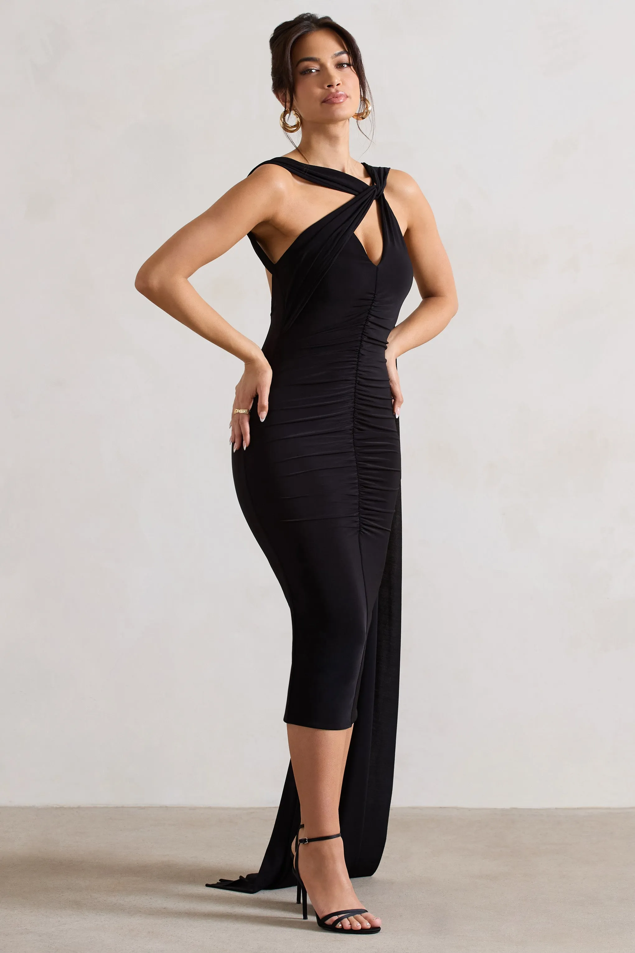 Freedom | Black Strappy Asymmetric Cut-Out Midi Dress With Cape Club L London
