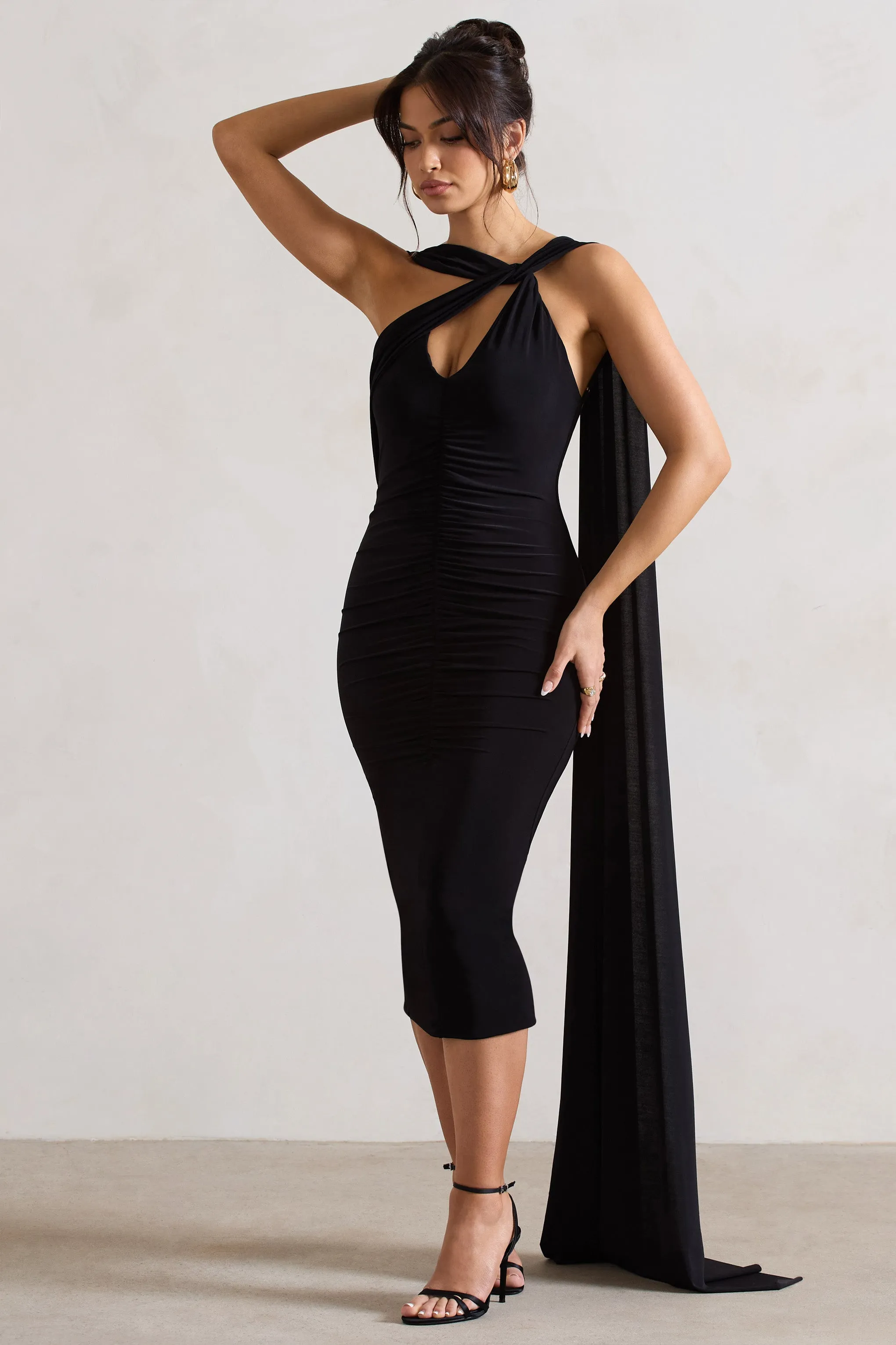 Freedom | Black Strappy Asymmetric Cut-Out Midi Dress With Cape Club L London