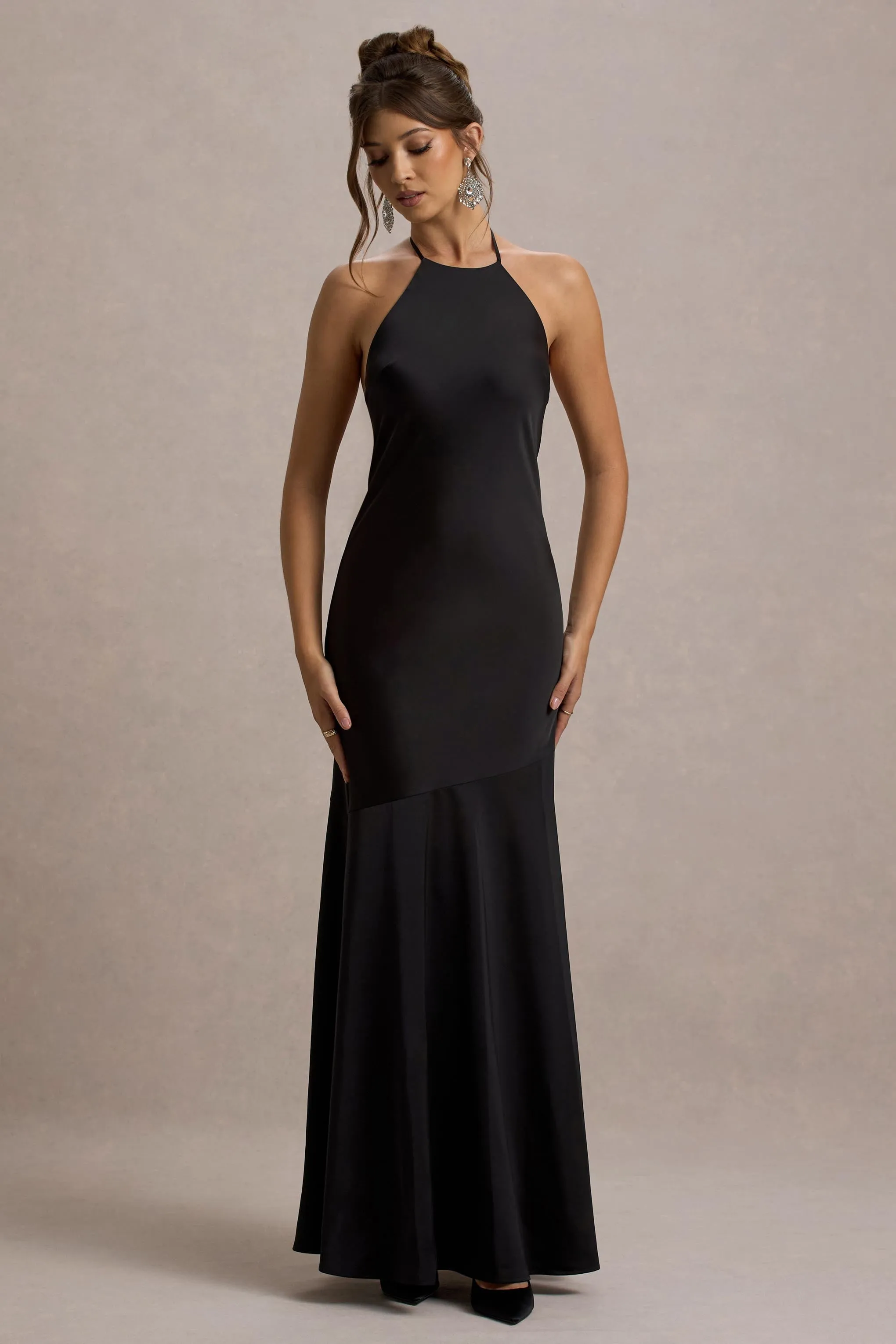 Frida | Black Satin Halter-Neck Backless Maxi Dress Club L London