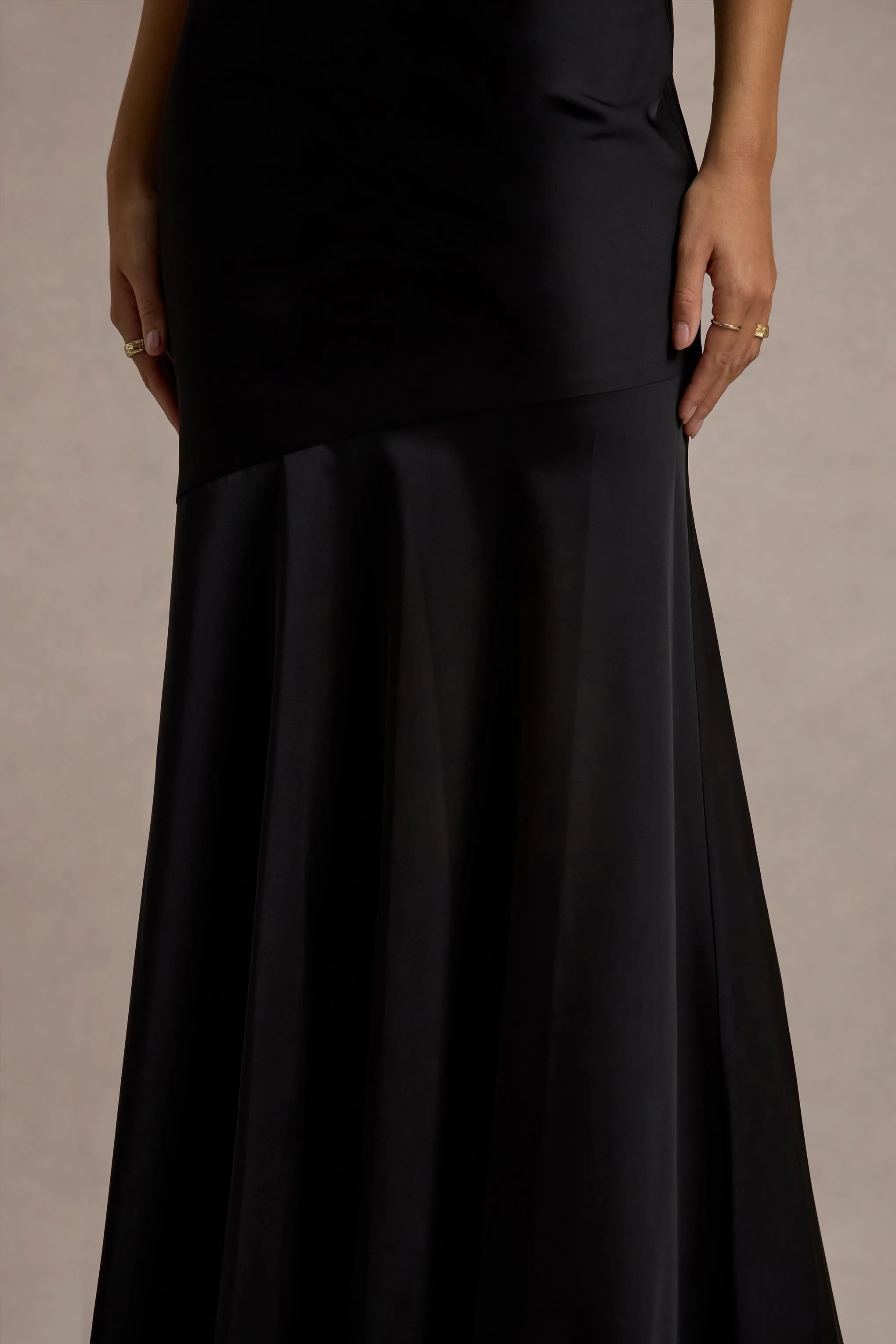Frida | Black Satin Halter-Neck Backless Maxi Dress Club L London