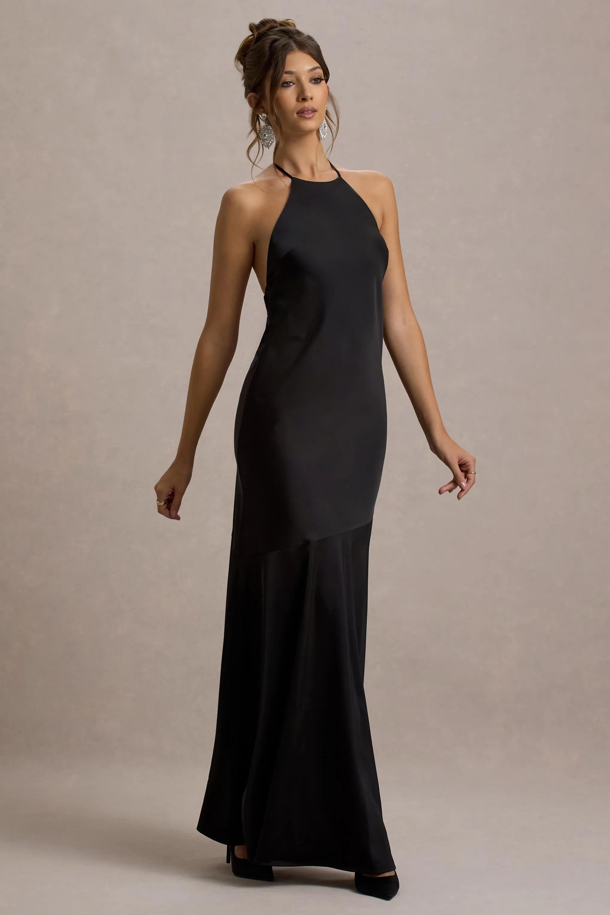 Frida | Black Satin Halter-Neck Backless Maxi Dress Club L London