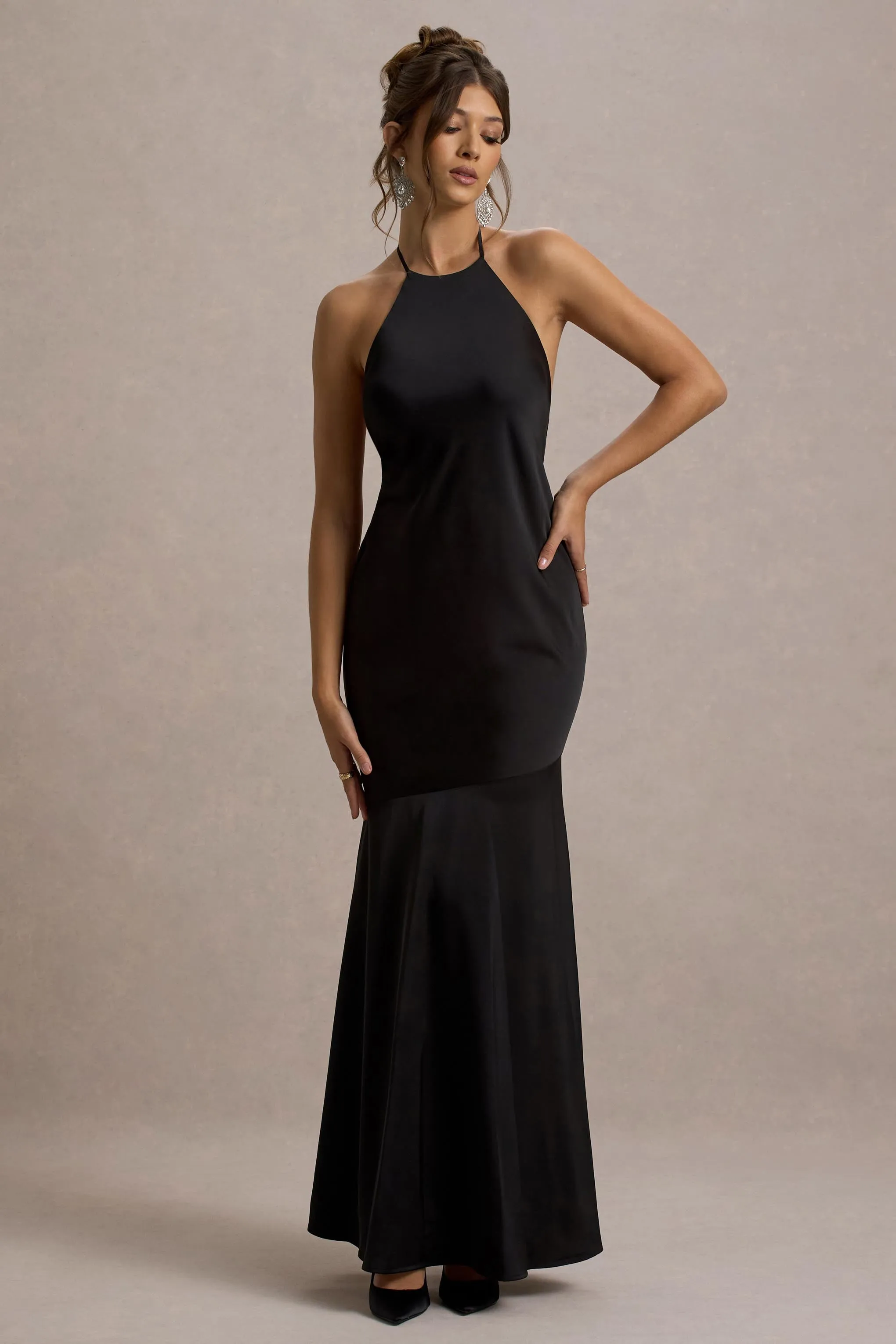Frida | Black Satin Halter-Neck Backless Maxi Dress Club L London