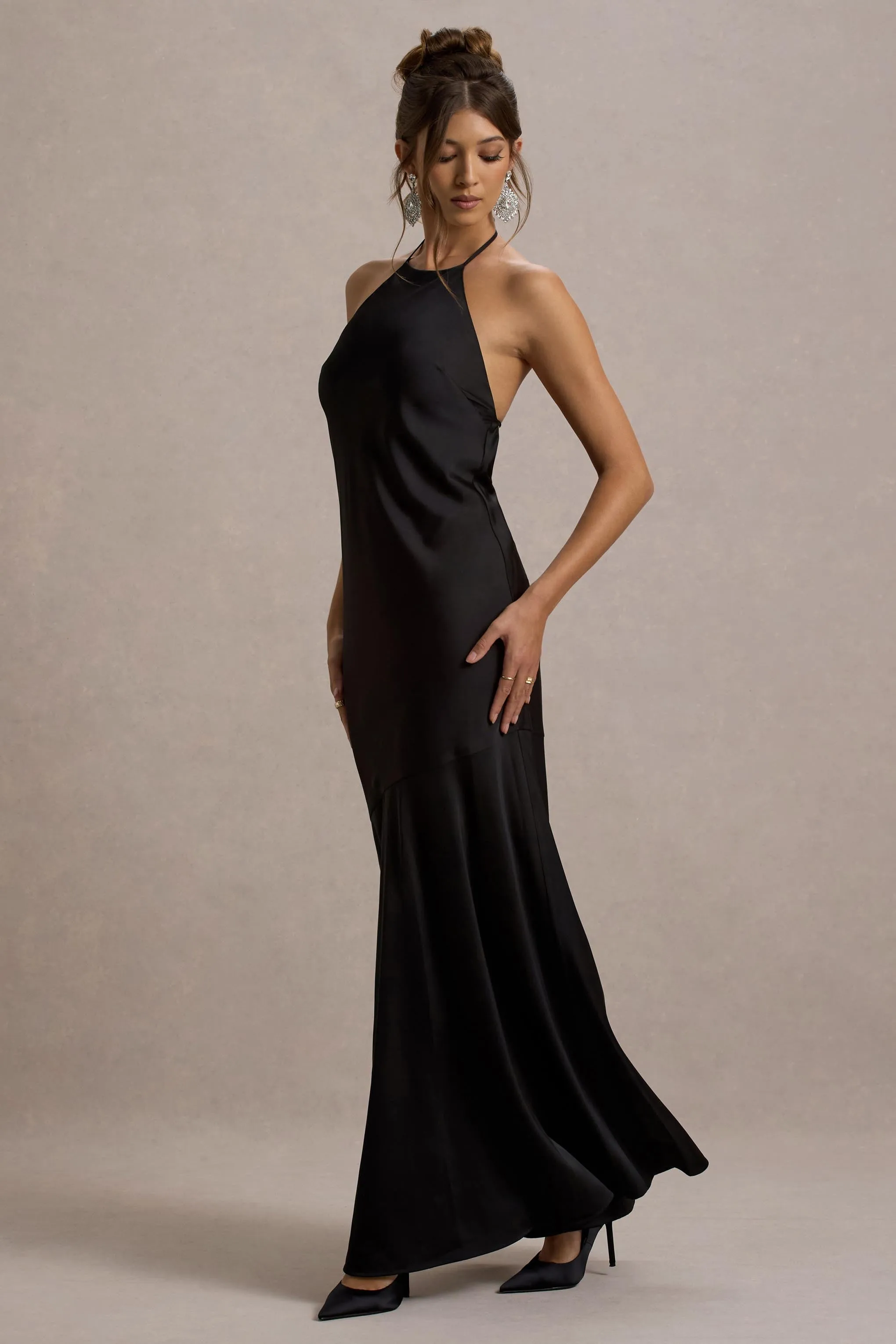 Frida | Black Satin Halter-Neck Backless Maxi Dress Club L London