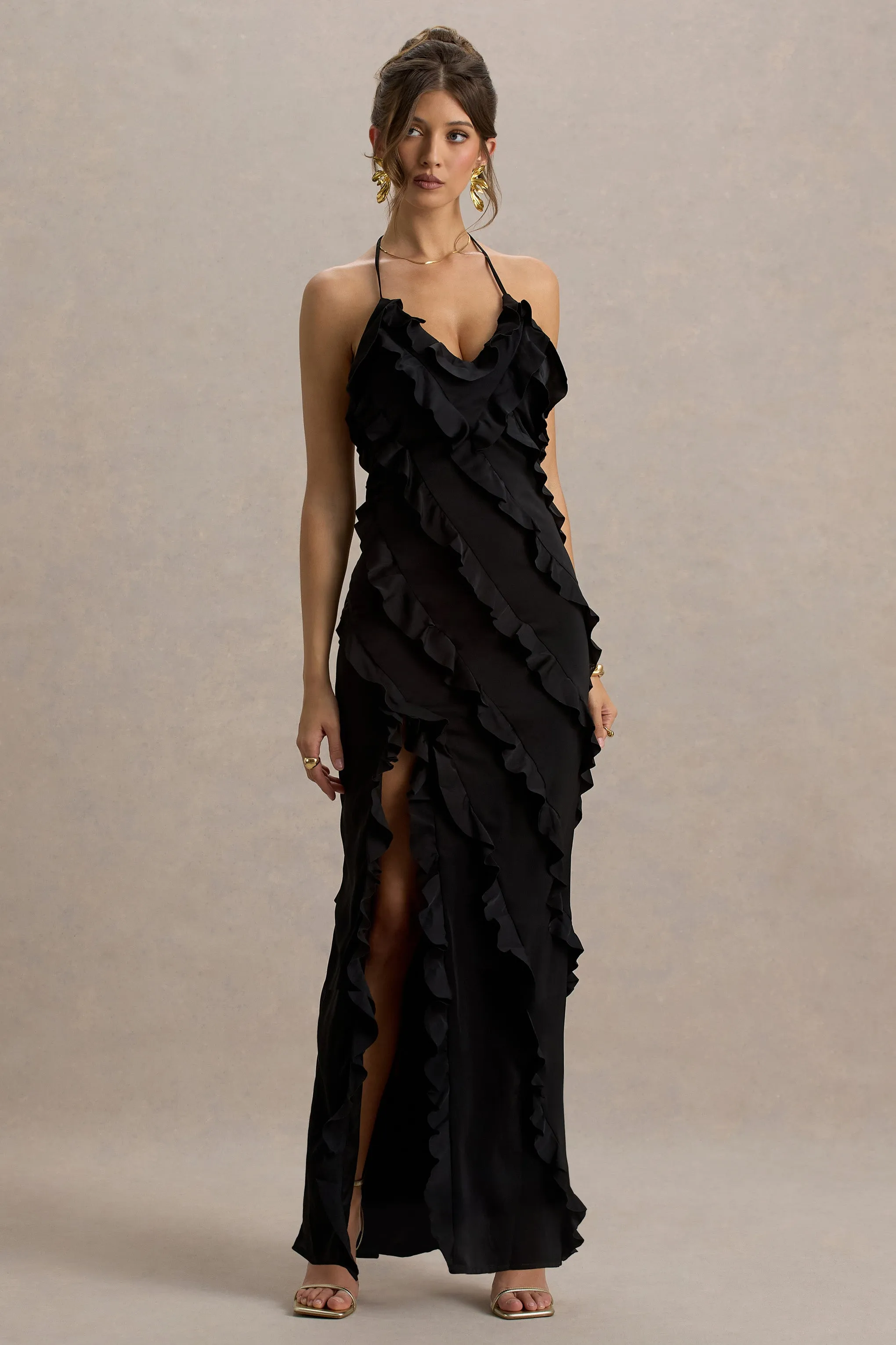 Full On | Black V-Neck Ruffle Maxi Dress Club L London