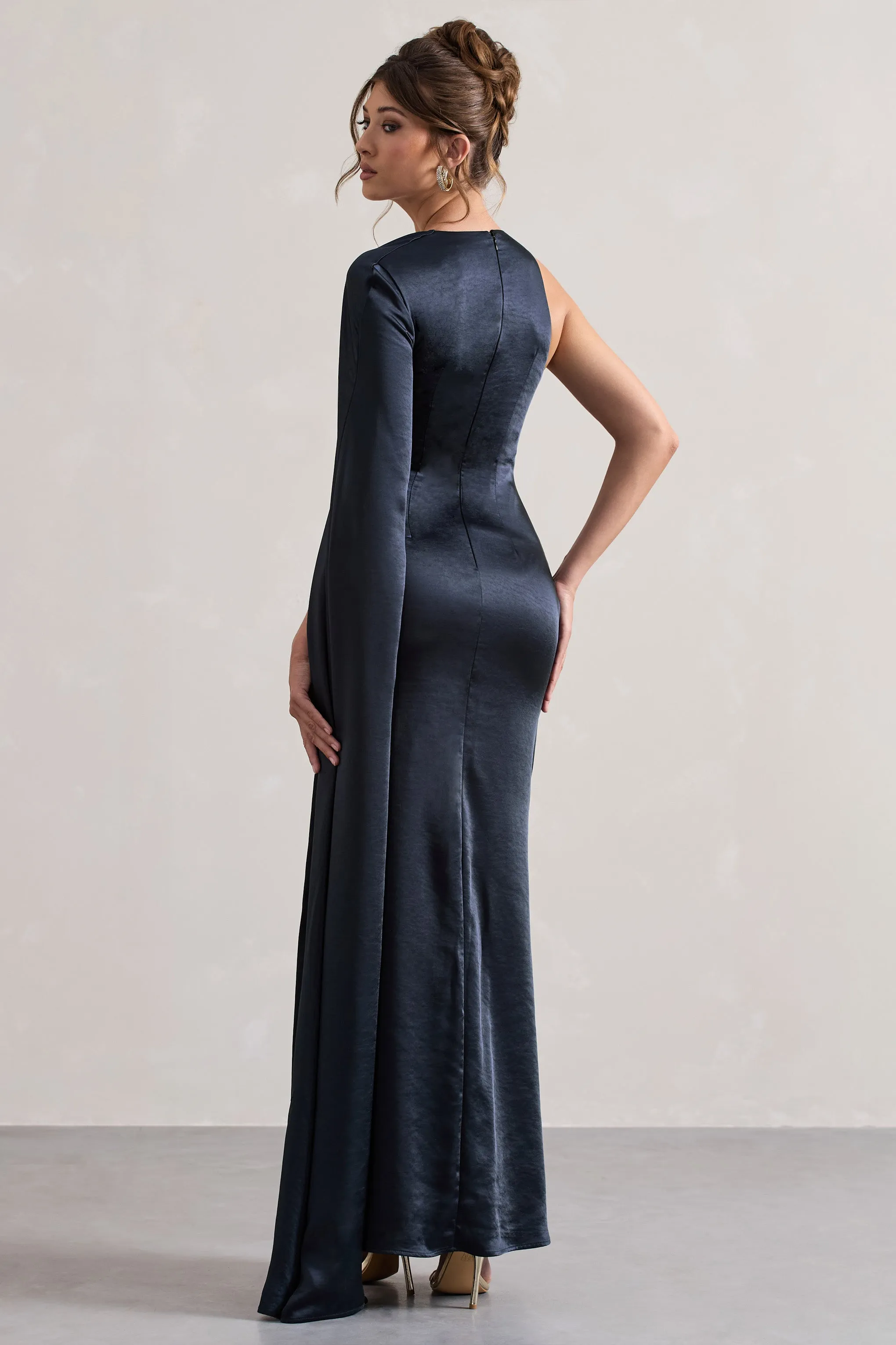 Gala | Navy Satin One-Shoulder Cape Sleeve Split Maxi Dress Club L London