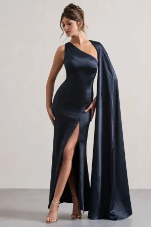 Gala | Navy Satin One-Shoulder Cape Sleeve Split Maxi Dress Club L London