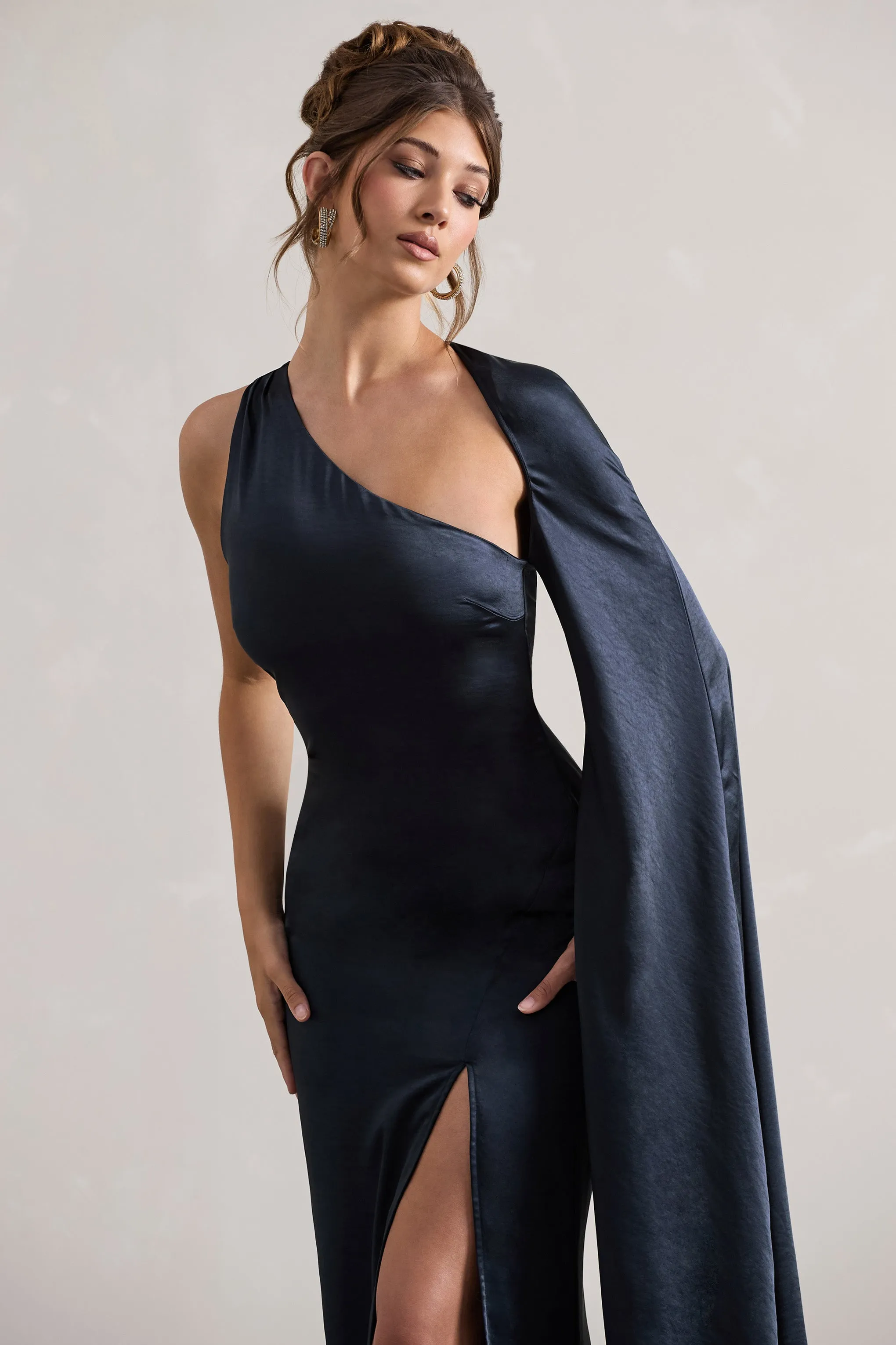 Gala | Navy Satin One-Shoulder Cape Sleeve Split Maxi Dress Club L London