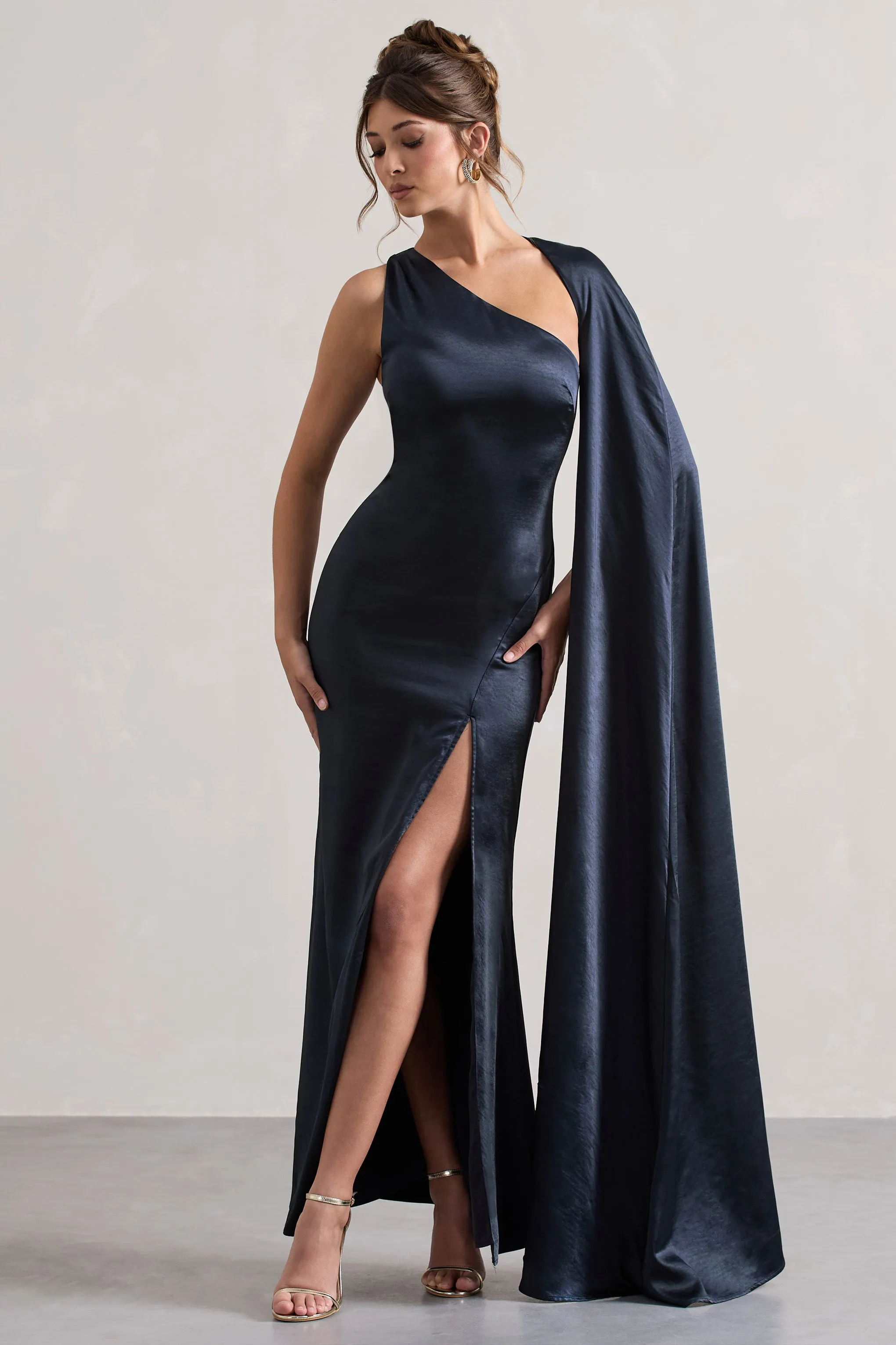 Gala | Navy Satin One-Shoulder Cape Sleeve Split Maxi Dress Club L London