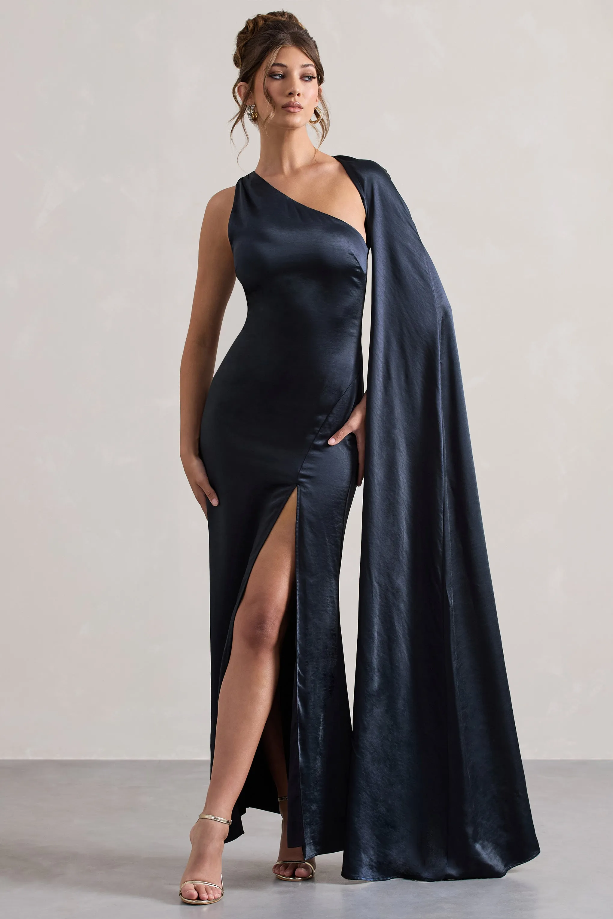 Gala | Navy Satin One-Shoulder Cape Sleeve Split Maxi Dress Club L London