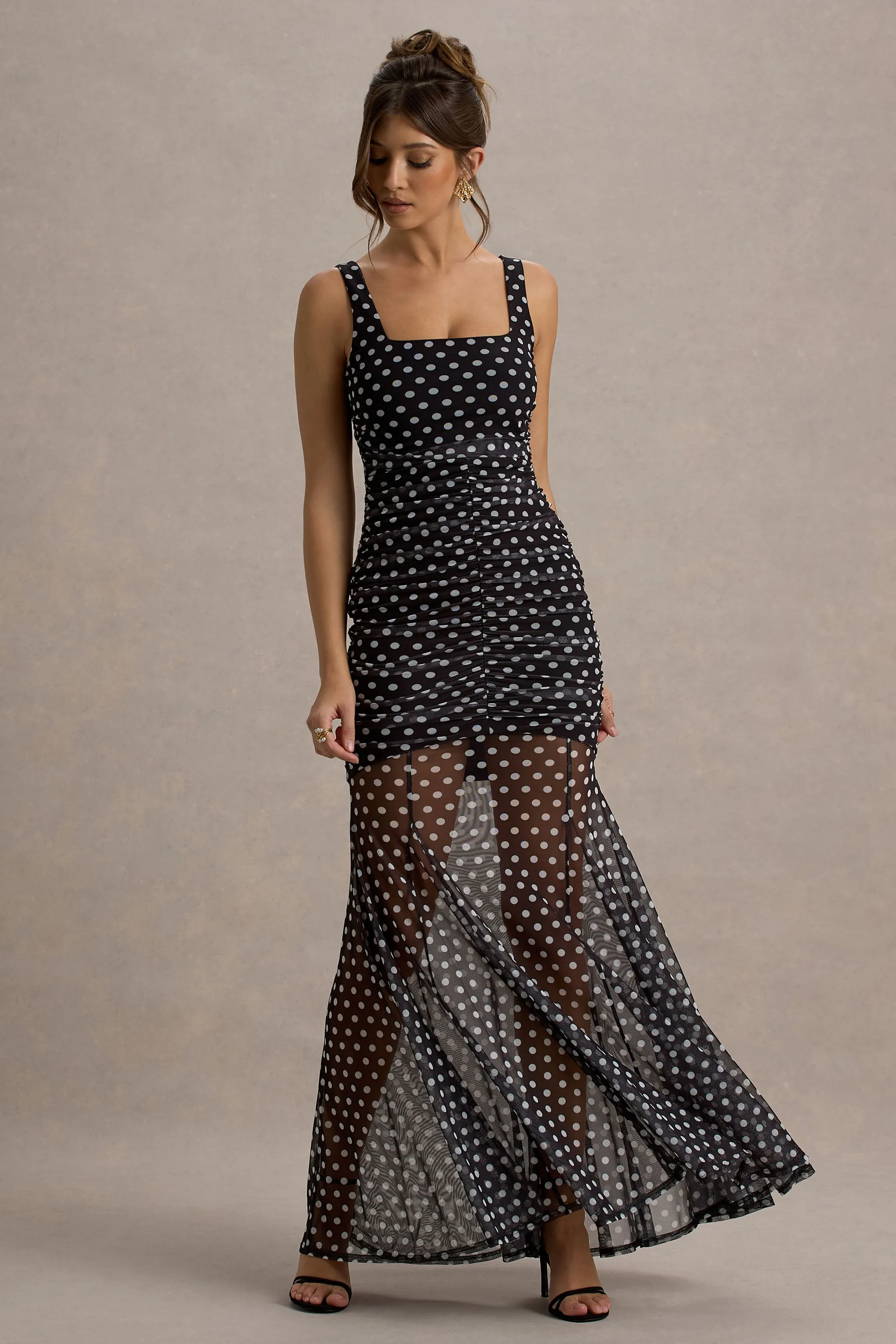 Galaxia | Black & White Polka Dot Maxi Dress With Mesh Skirt Club L London