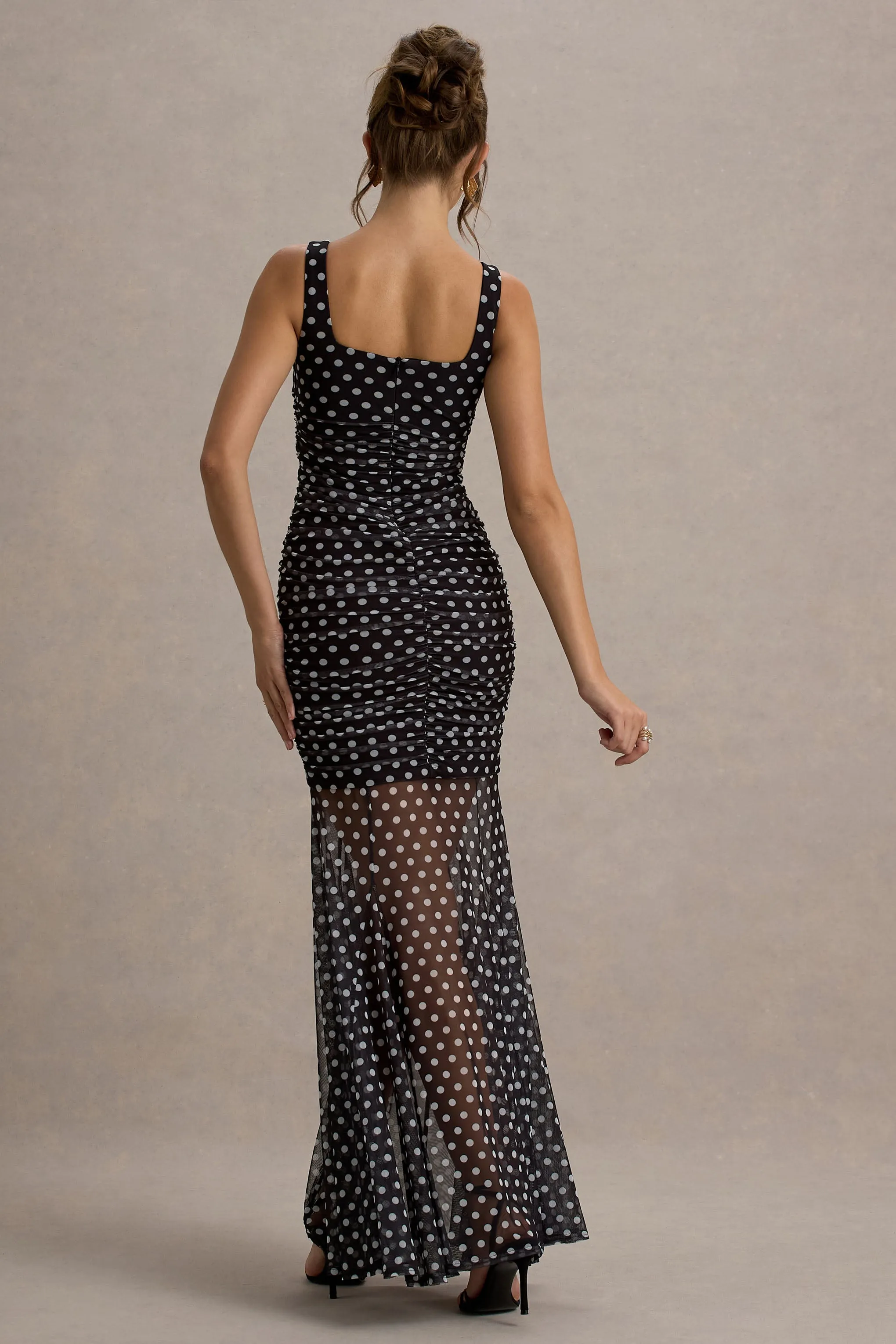 Galaxia | Black & White Polka Dot Maxi Dress With Mesh Skirt Club L London