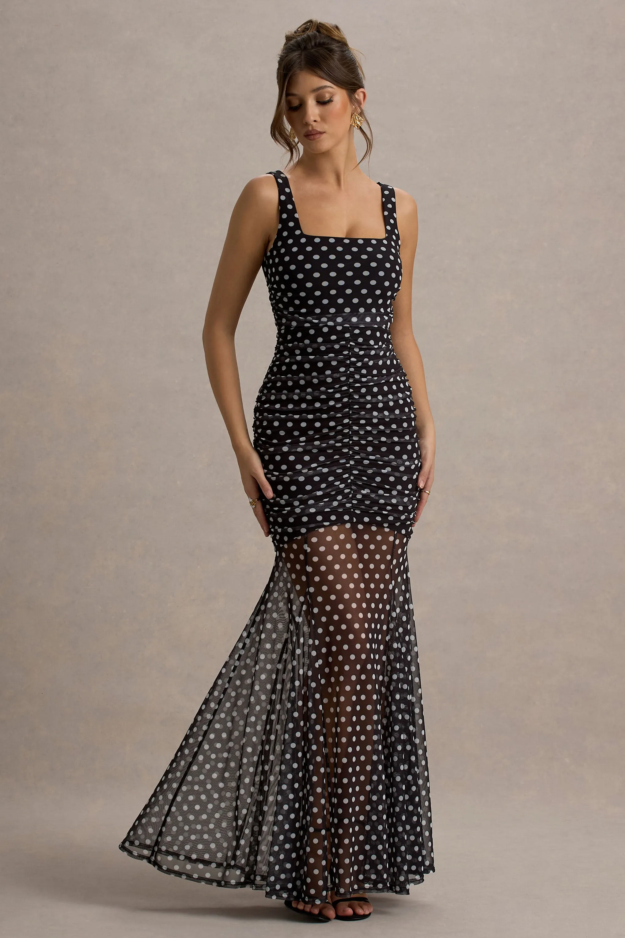 Galaxia | Black & White Polka Dot Maxi Dress With Mesh Skirt Club L London