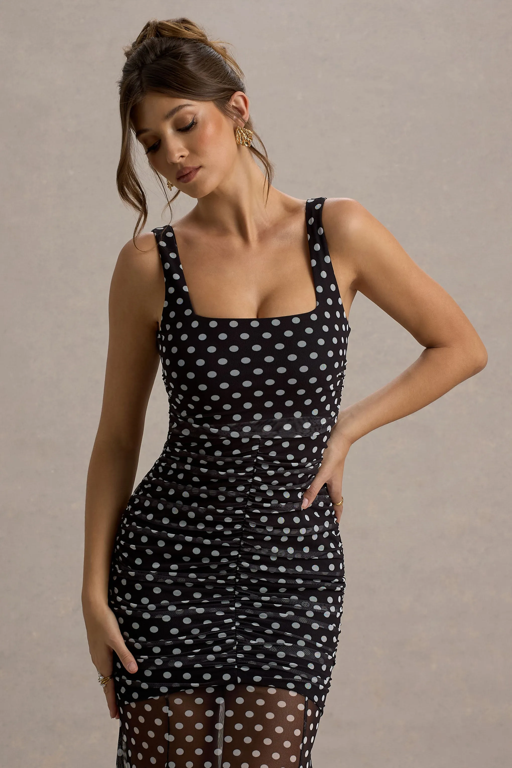 Galaxia | Black & White Polka Dot Maxi Dress With Mesh Skirt Club L London