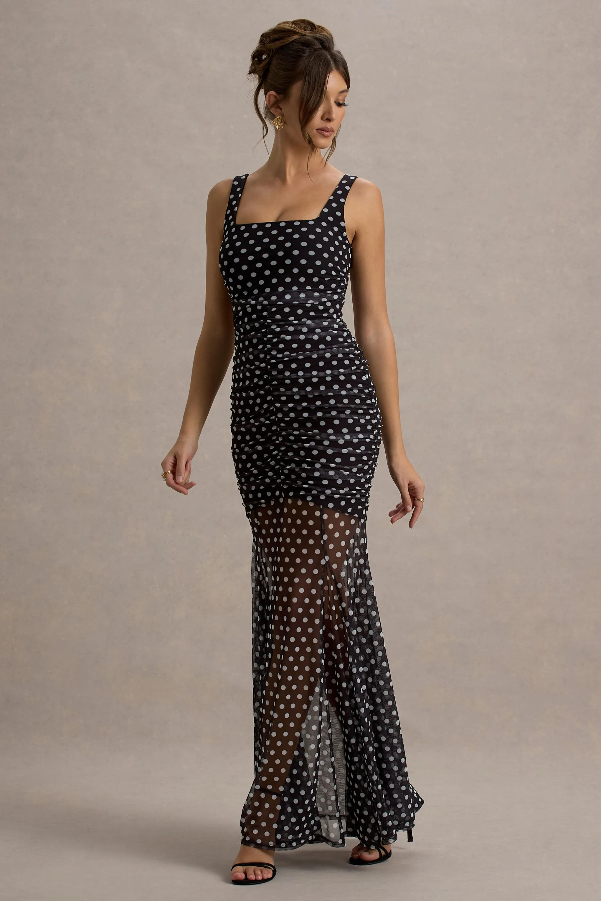 Galaxia | Black & White Polka Dot Maxi Dress With Mesh Skirt Club L London