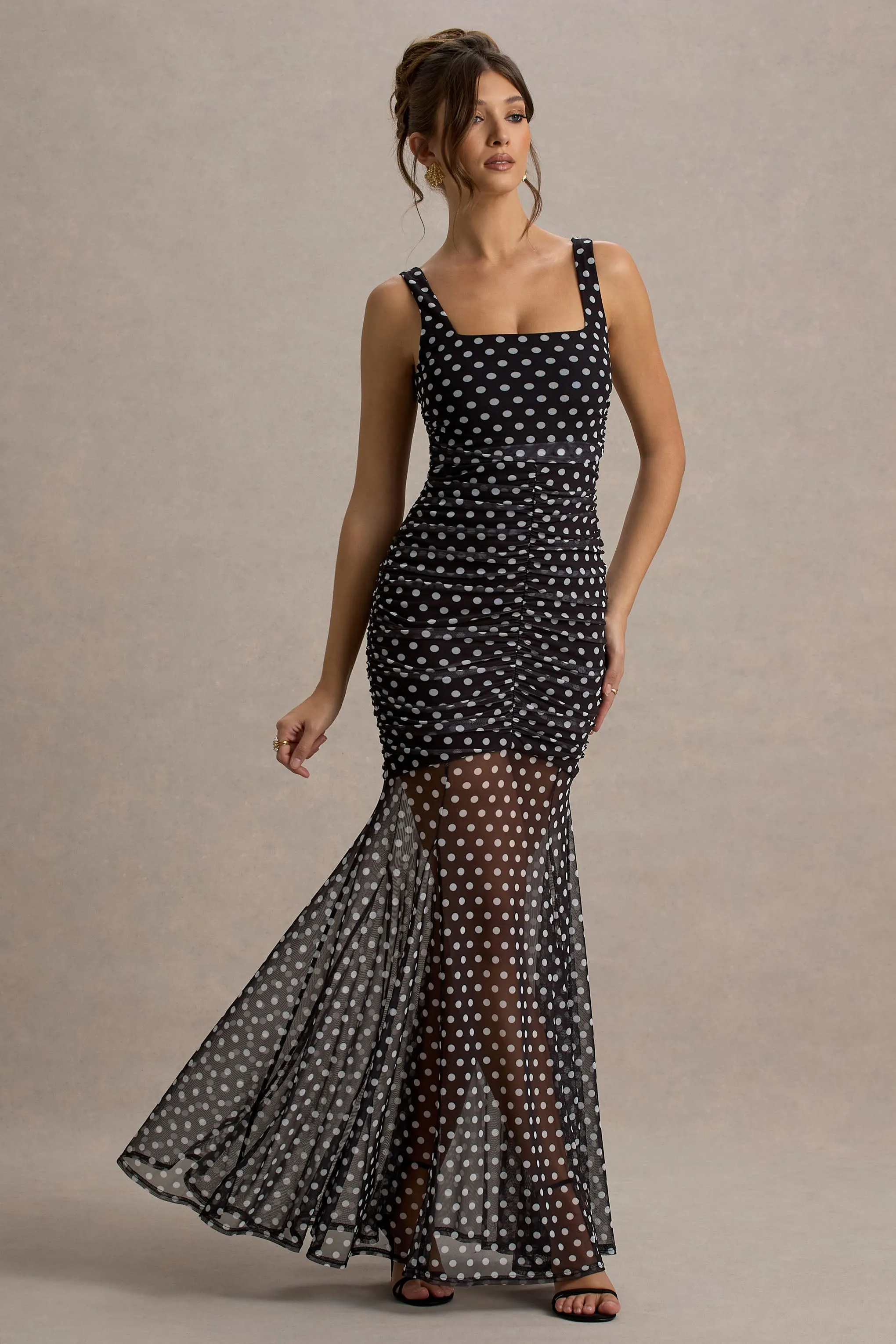 Galaxia | Black & White Polka Dot Maxi Dress With Mesh Skirt Club L London