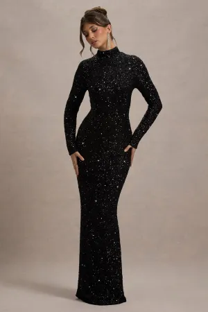 Galaxy | Black Sequin Turtle-Neck Long-Sleeve Maxi Dress Club L London