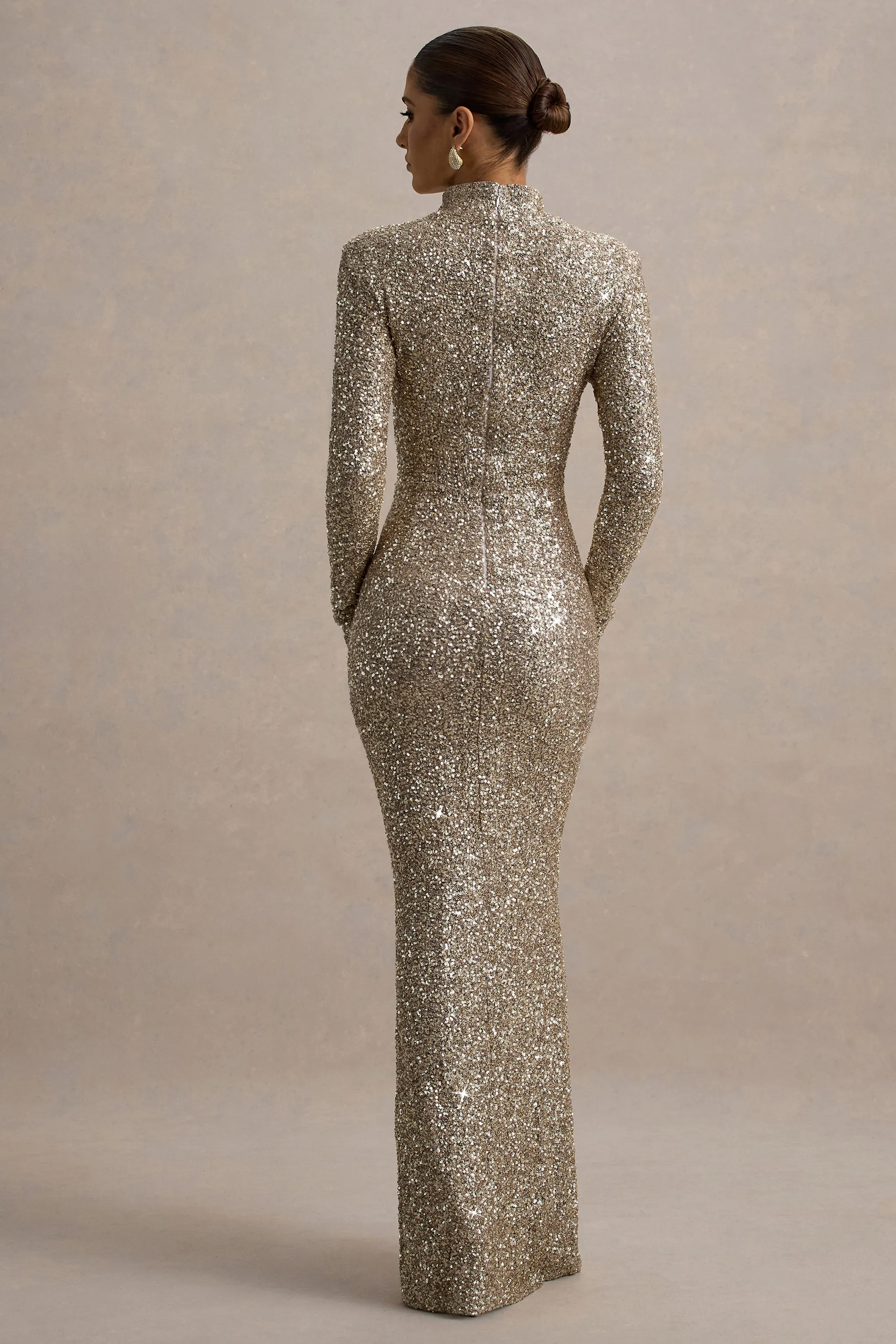 Galaxy | Champagne Sequin Turtle-Neck Long-Sleeve Maxi Dress Club L London