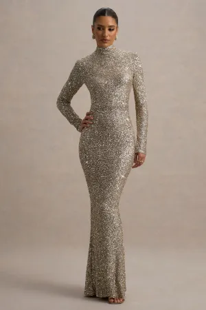Galaxy | Champagne Sequin Turtle-Neck Long-Sleeve Maxi Dress Club L London
