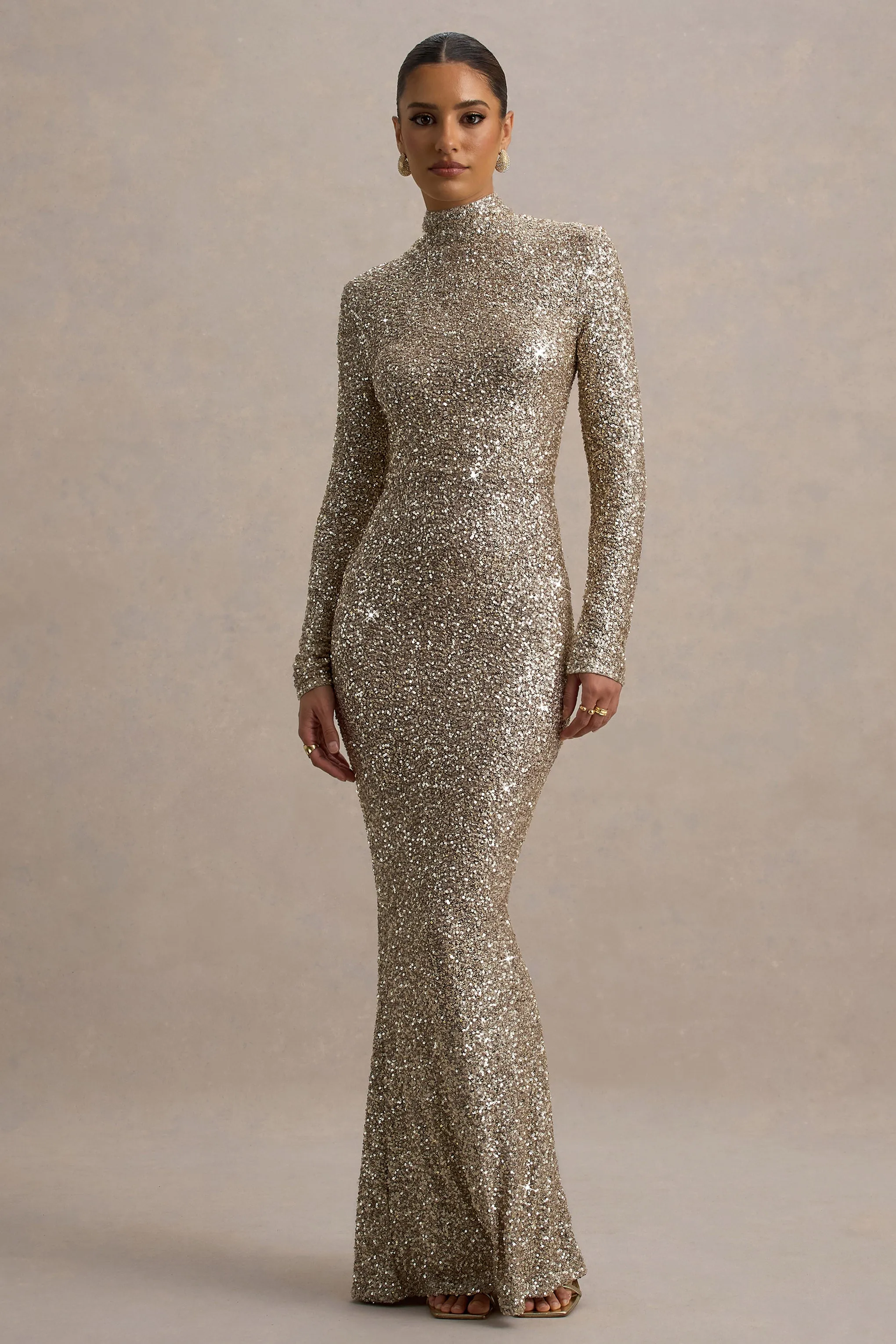 Galaxy | Champagne Sequin Turtle-Neck Long-Sleeve Maxi Dress Club L London