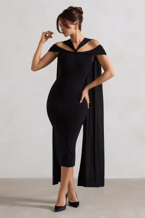 Galia | Black Strappy Midi Dress With Drape Club L London