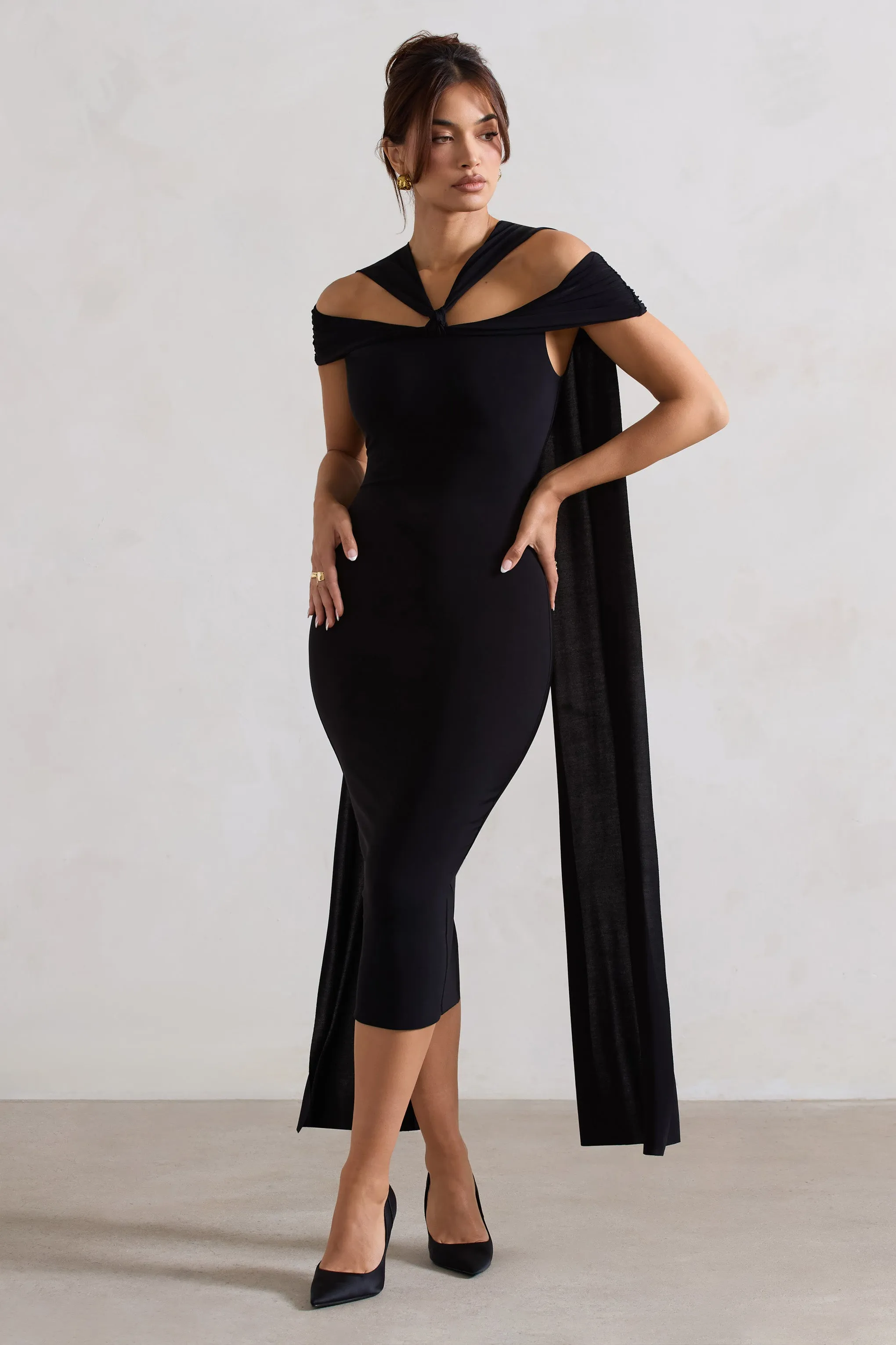 Galia | Black Strappy Midi Dress With Drape Club L London