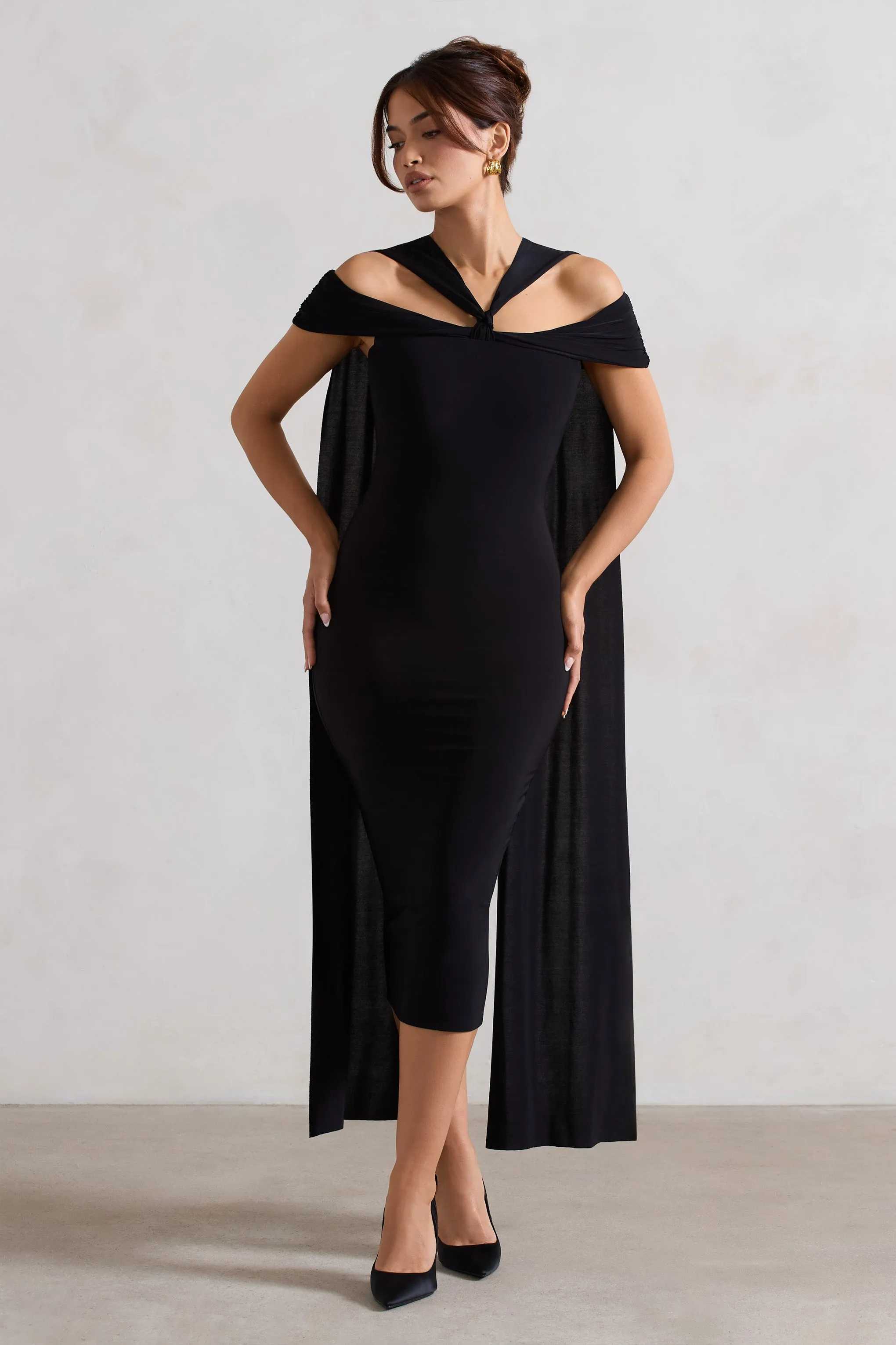 Galia | Black Strappy Midi Dress With Drape Club L London