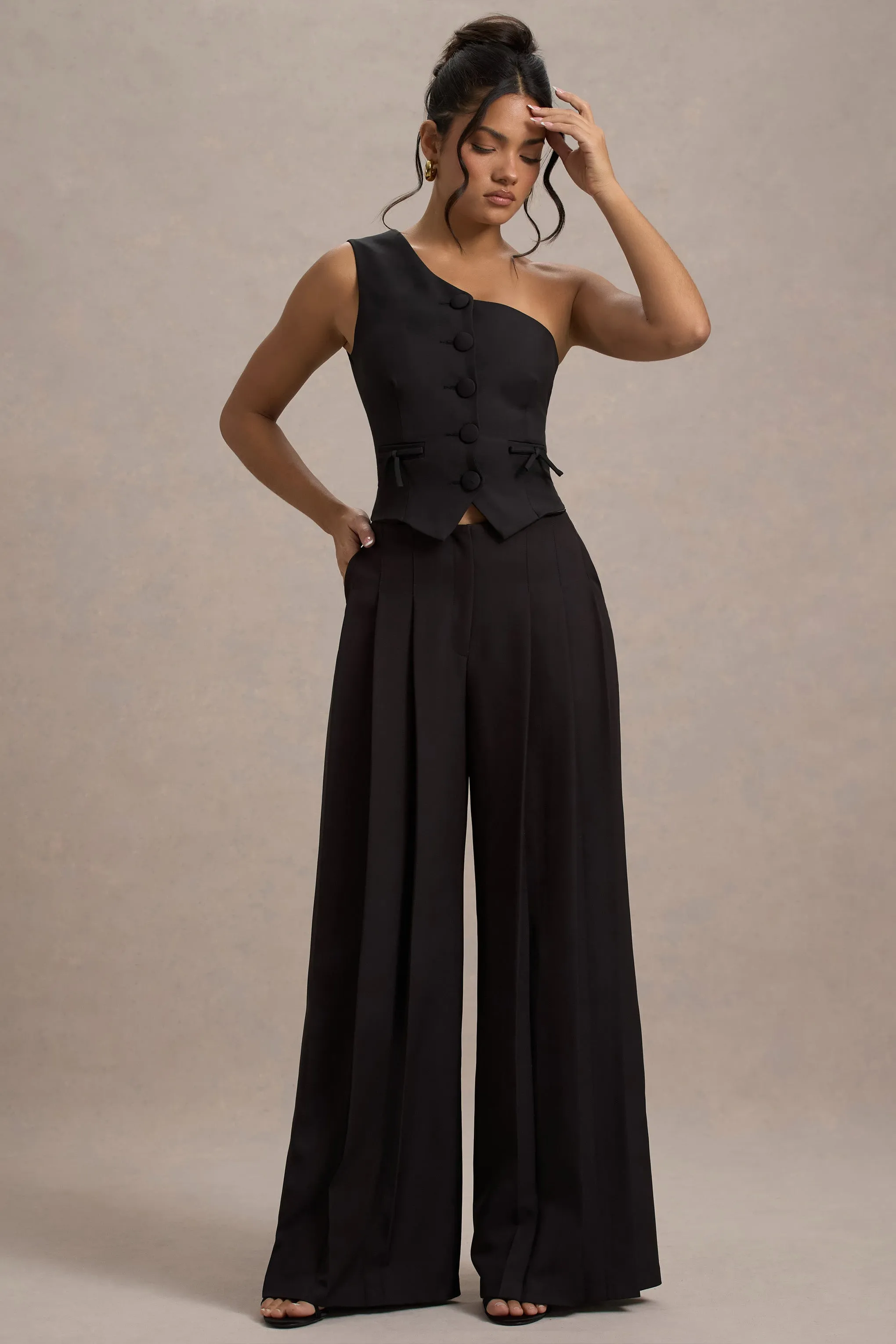 Galilea | Black Pleated Wide-Leg Trousers Club L London