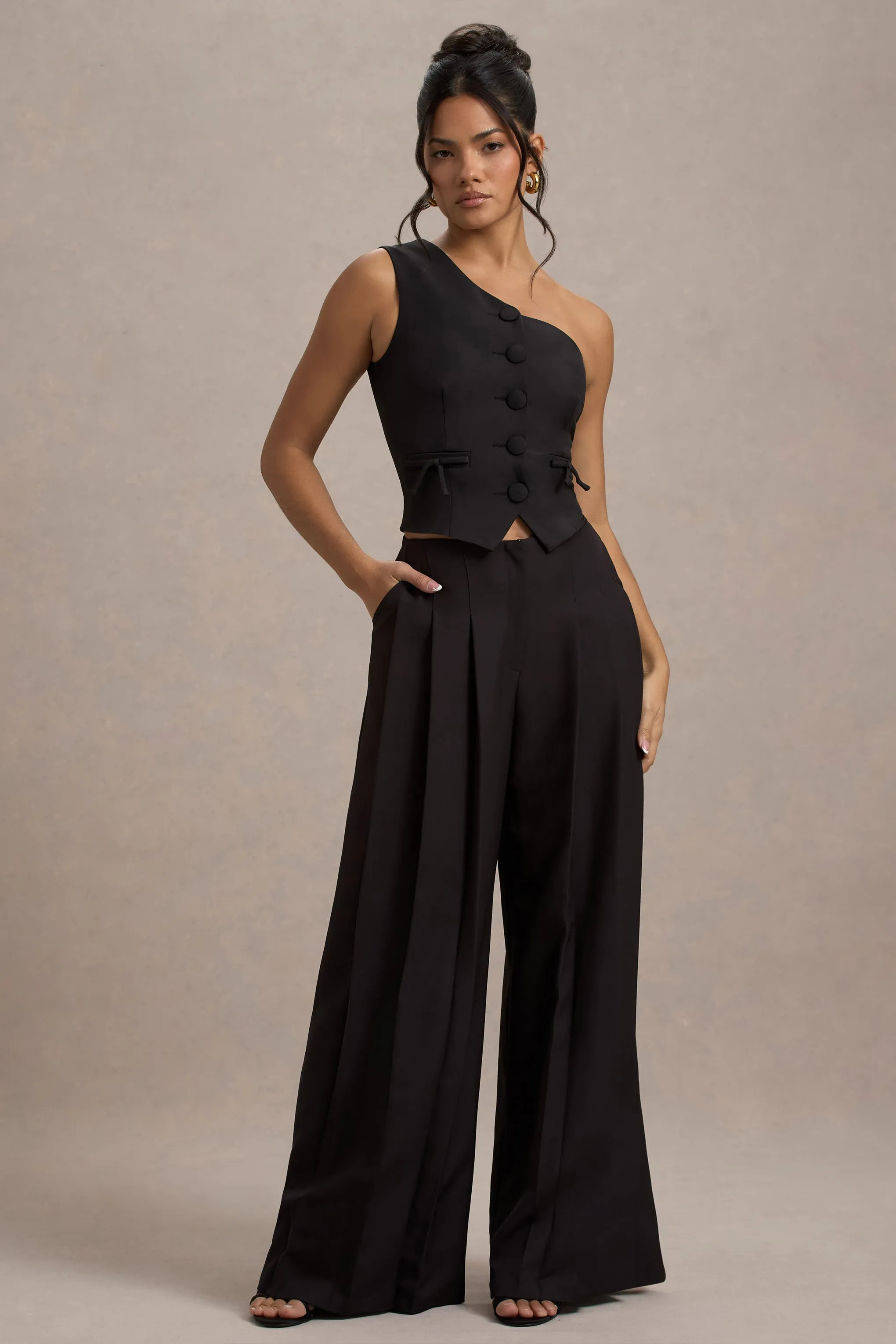 Galilea | Black Pleated Wide-Leg Trousers Club L London