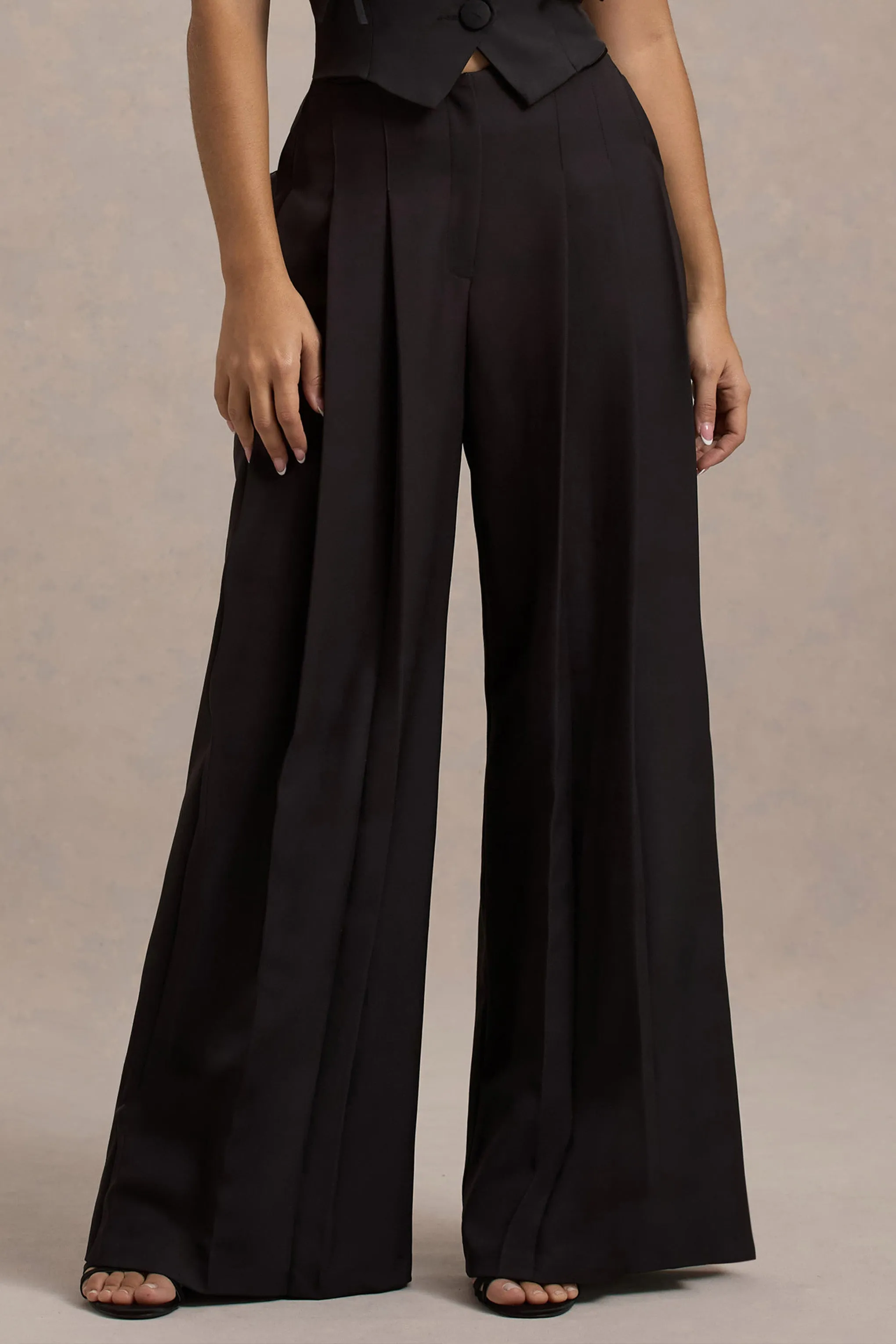 Galilea | Black Pleated Wide-Leg Trousers Club L London