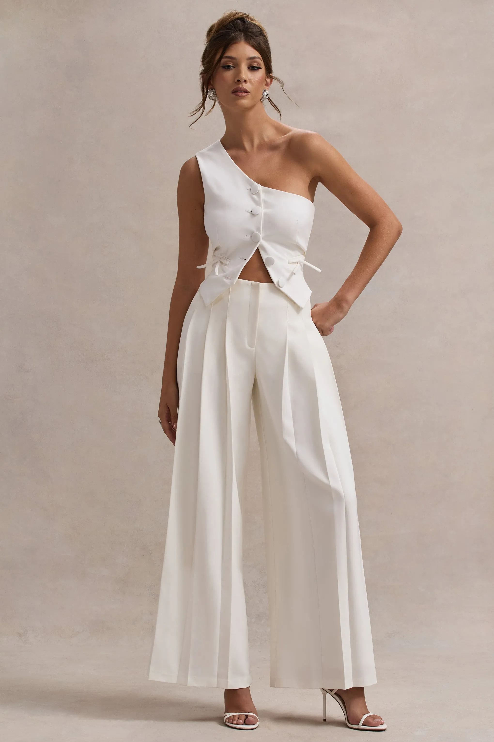 Galilea | Cream Pleated Wide-Leg Trousers Club L London