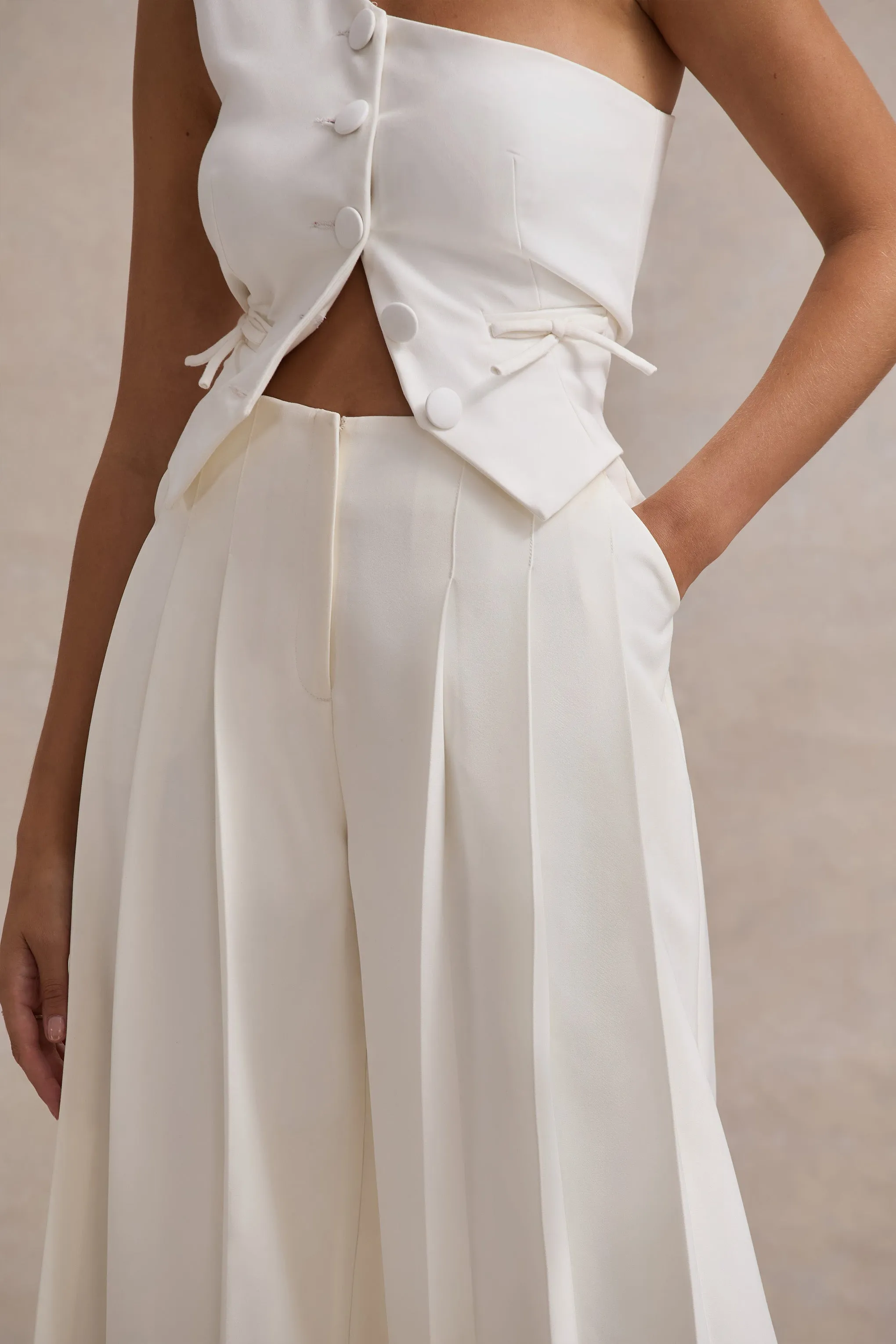 Galilea | Cream Pleated Wide-Leg Trousers Club L London