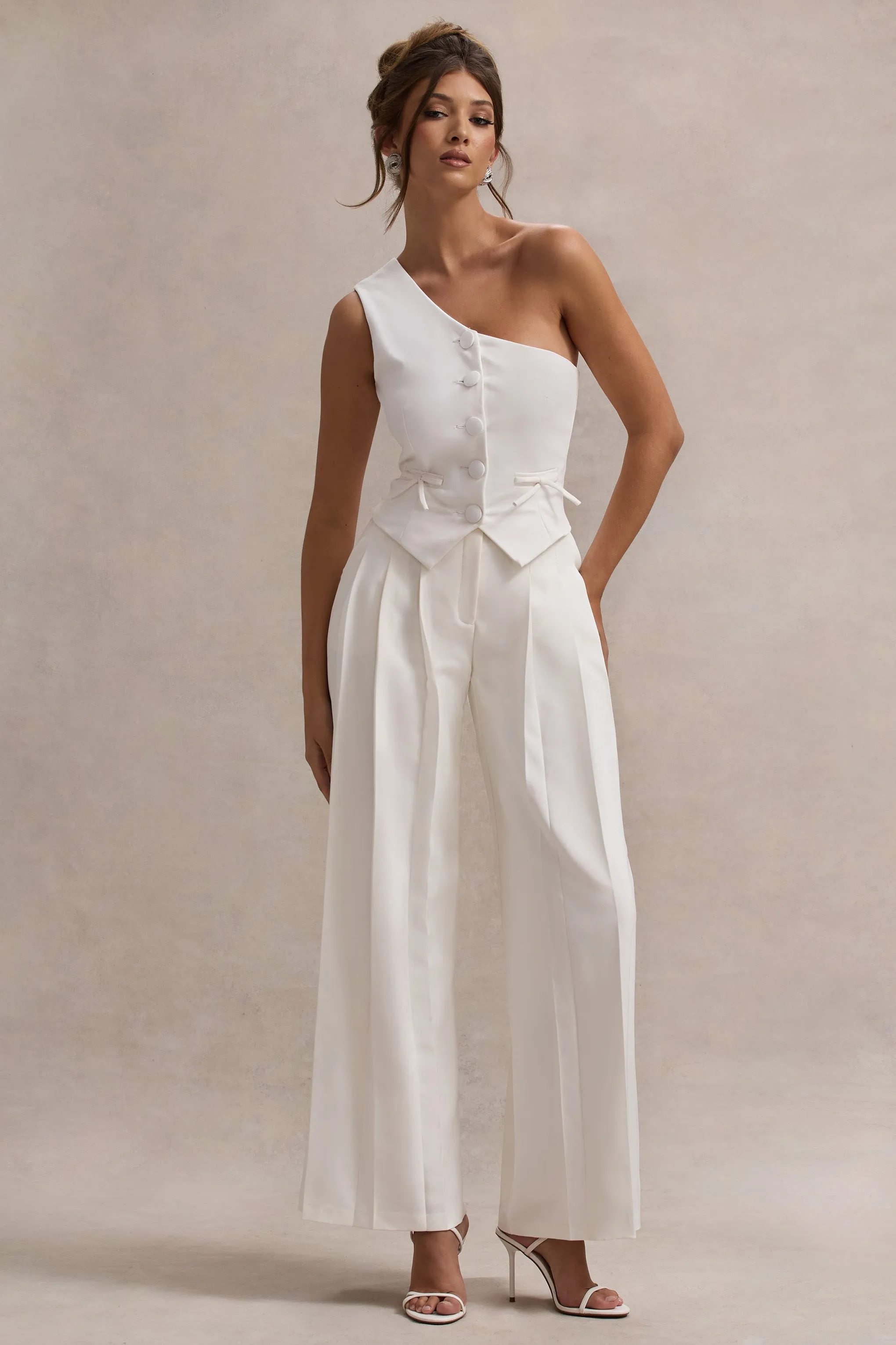 Galilea | Cream Pleated Wide-Leg Trousers Club L London