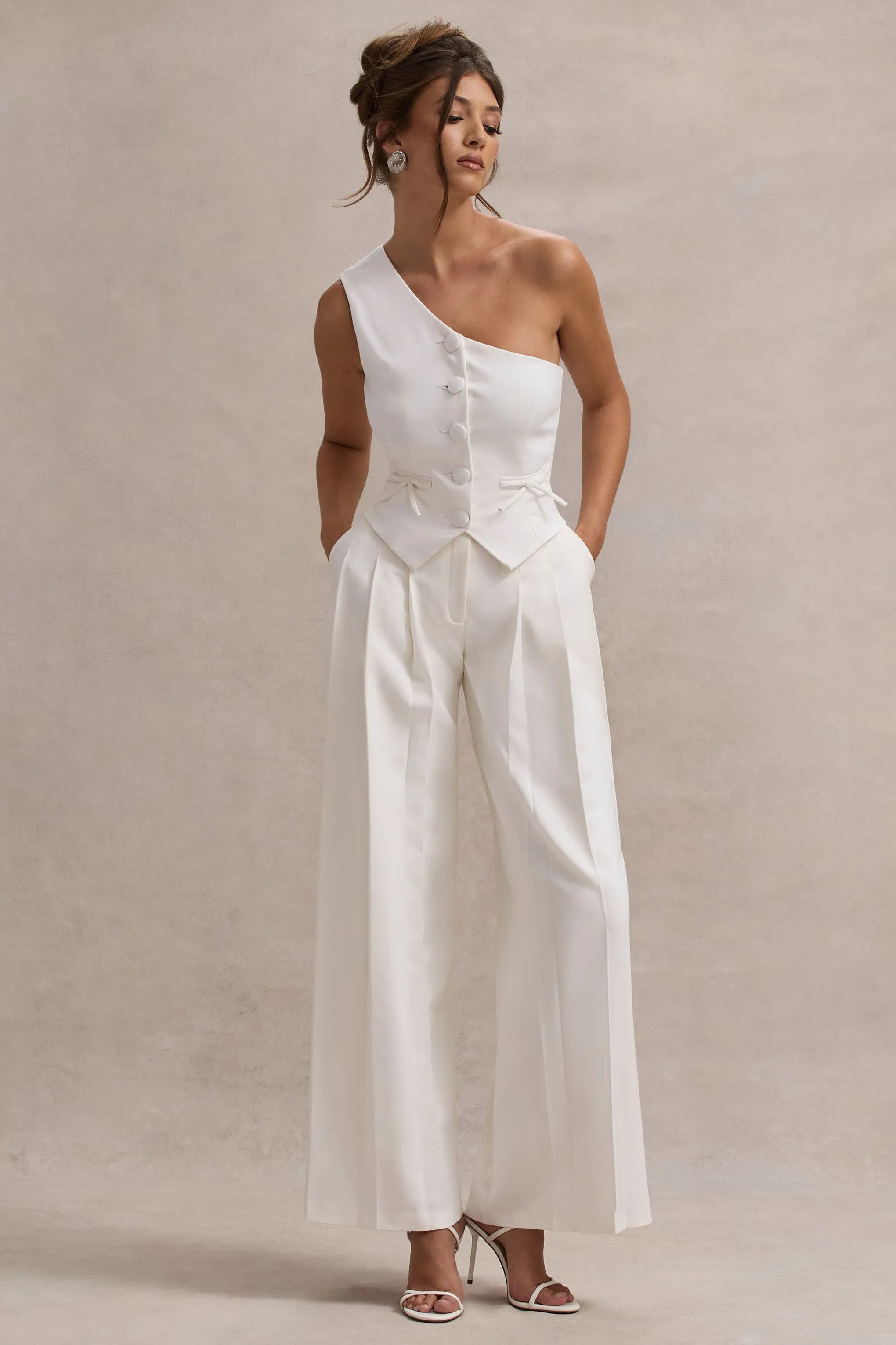 Galilea | Cream Pleated Wide-Leg Trousers Club L London
