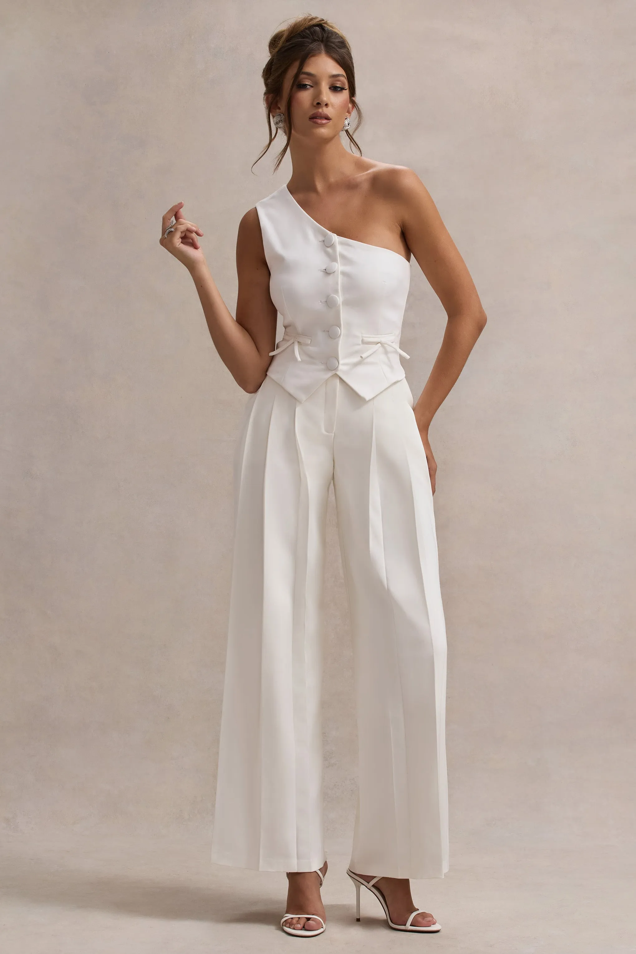 Galilea | Cream Pleated Wide-Leg Trousers Club L London