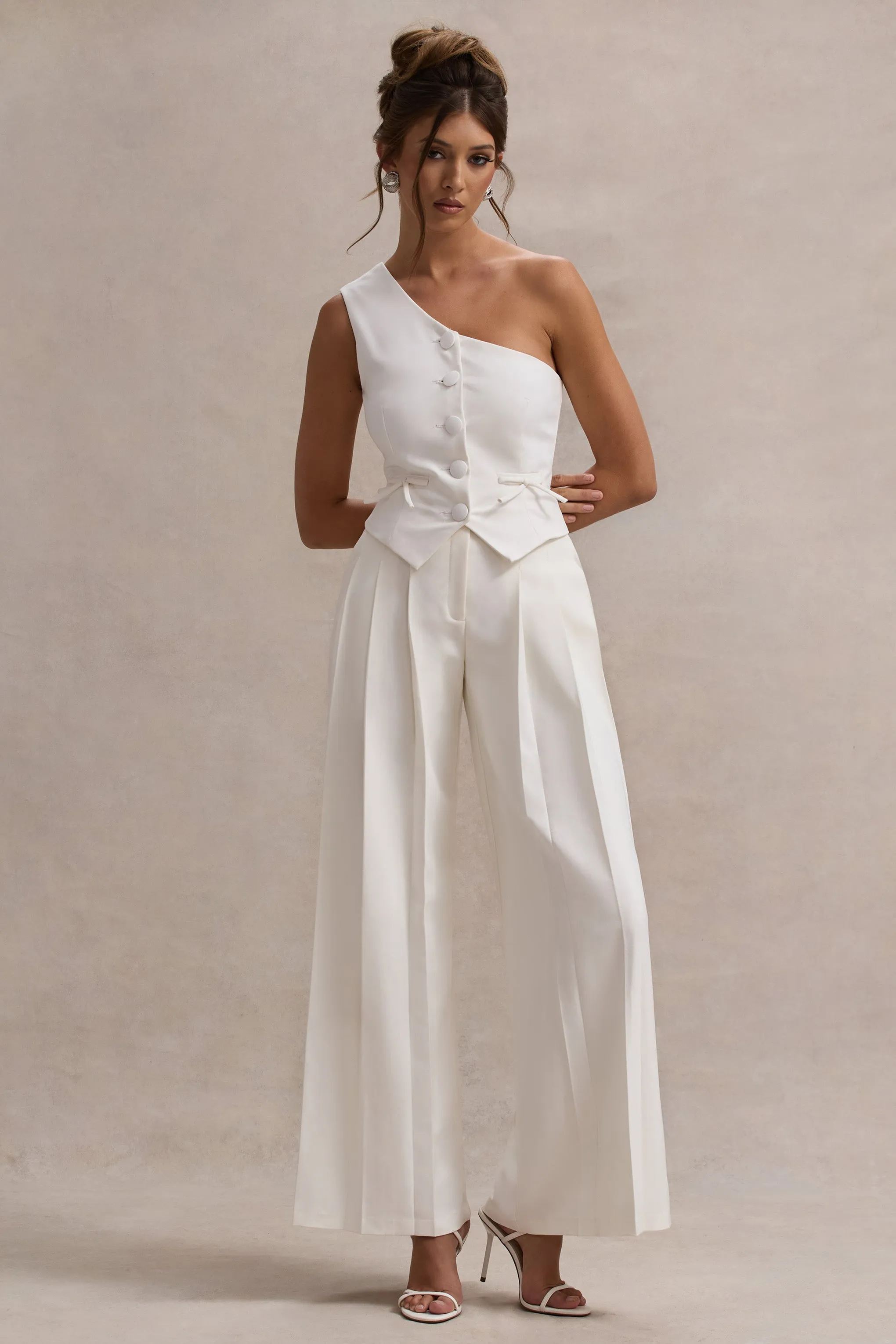 Galilea | Cream Pleated Wide-Leg Trousers Club L London