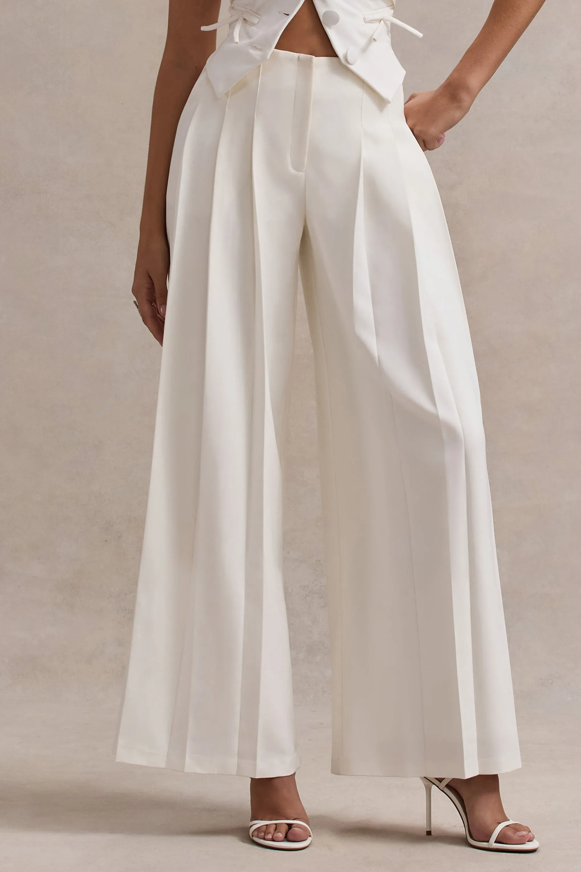 Galilea | Cream Pleated Wide-Leg Trousers Club L London