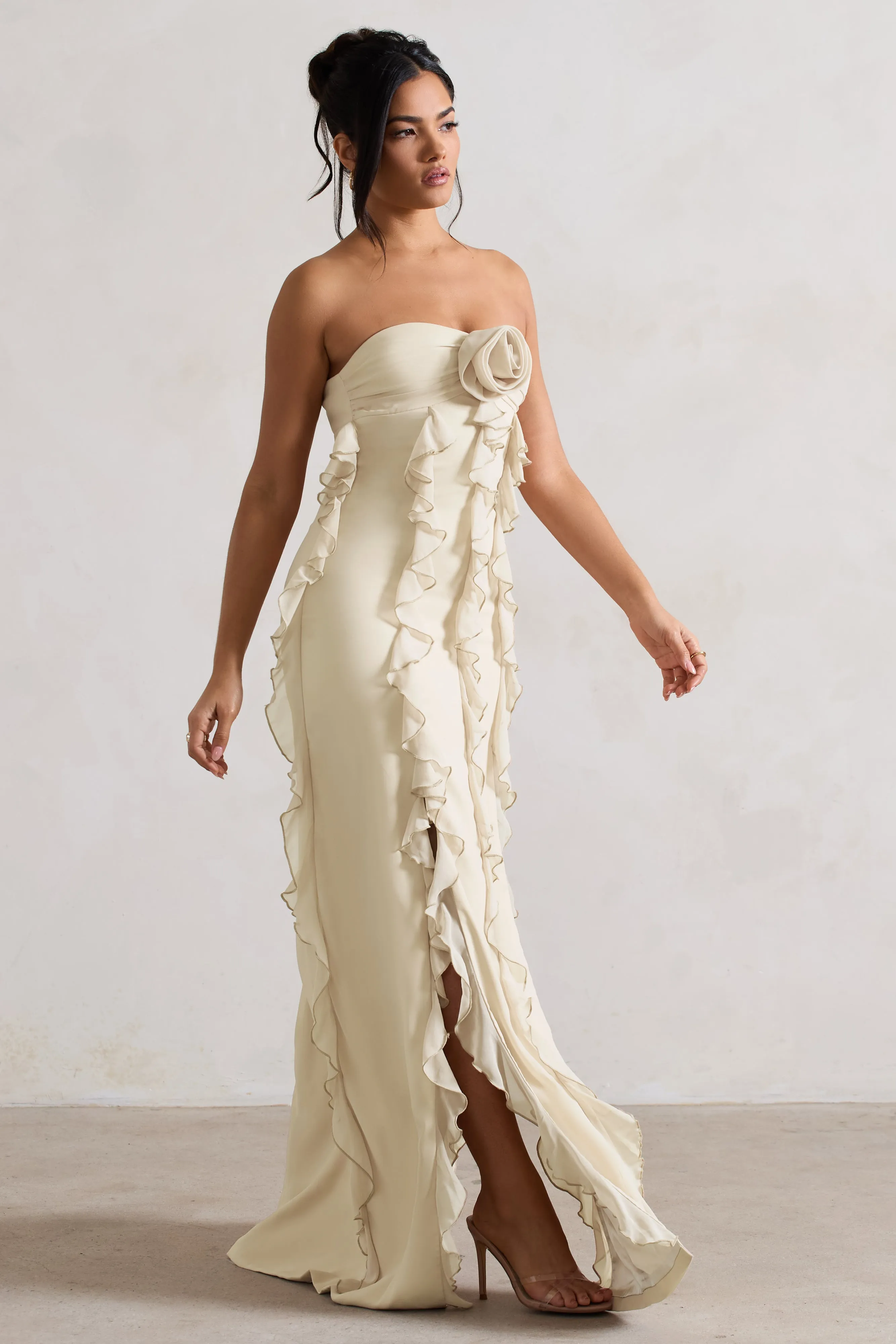 Gardenia | Champagne Strapless Ruffle Maxi Dress With Corsage Club L London