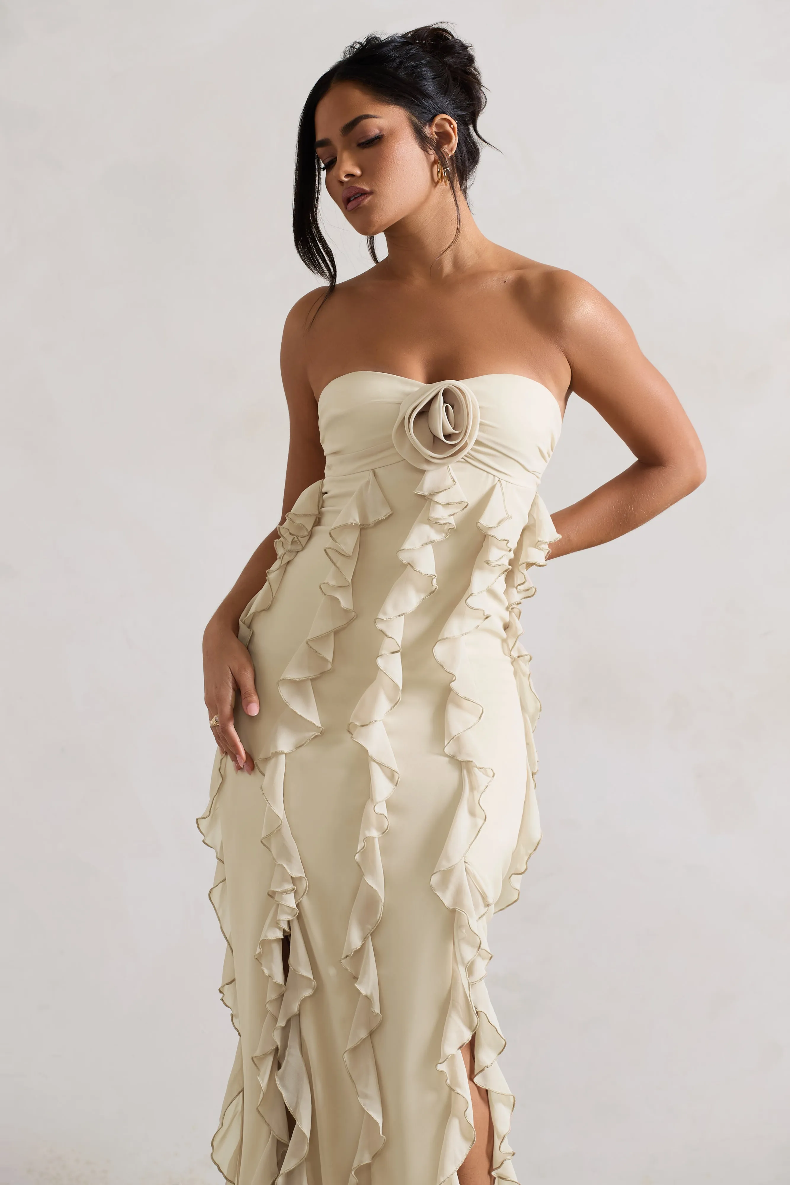 Gardenia | Champagne Strapless Ruffle Maxi Dress With Corsage Club L London