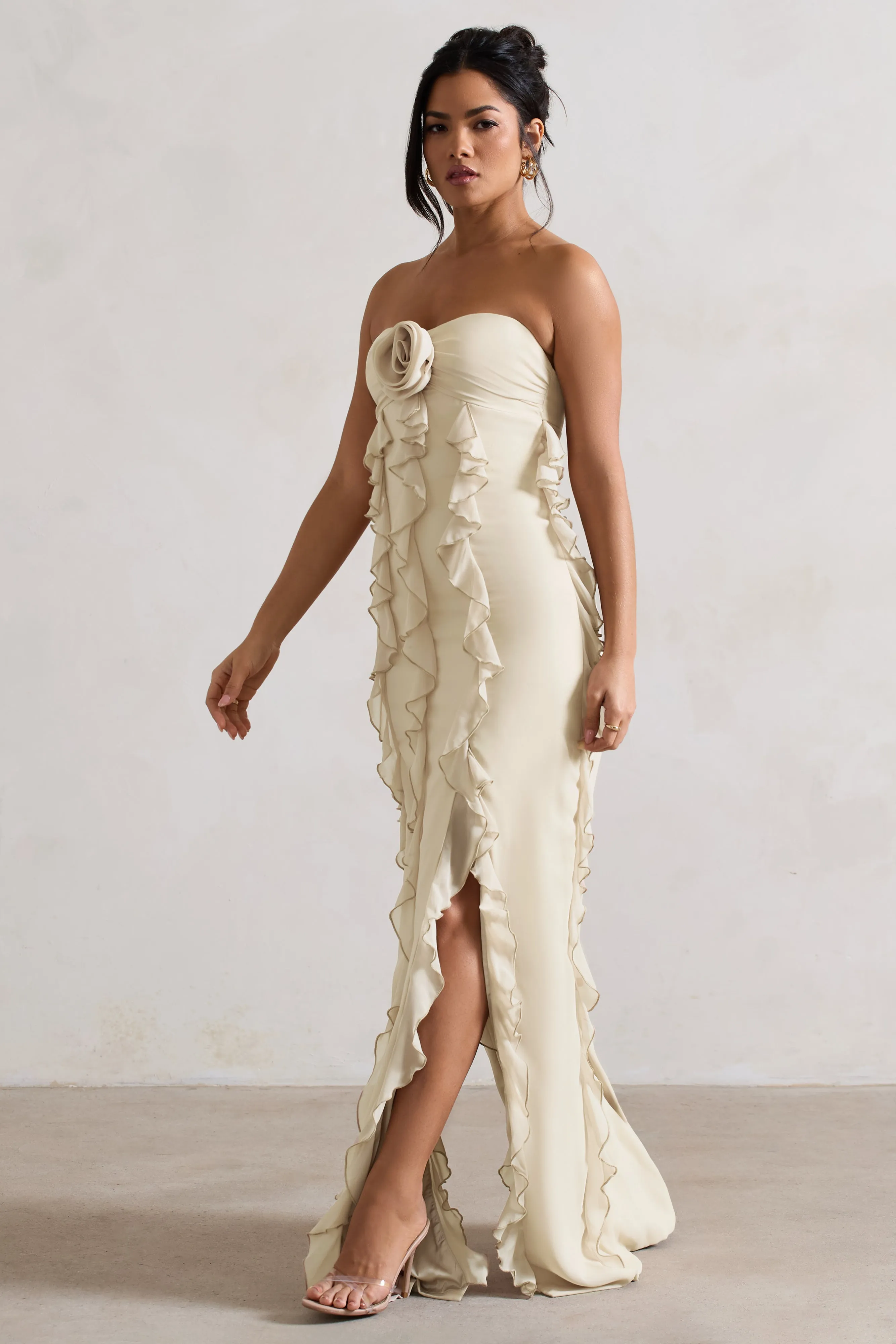 Gardenia | Champagne Strapless Ruffle Maxi Dress With Corsage Club L London
