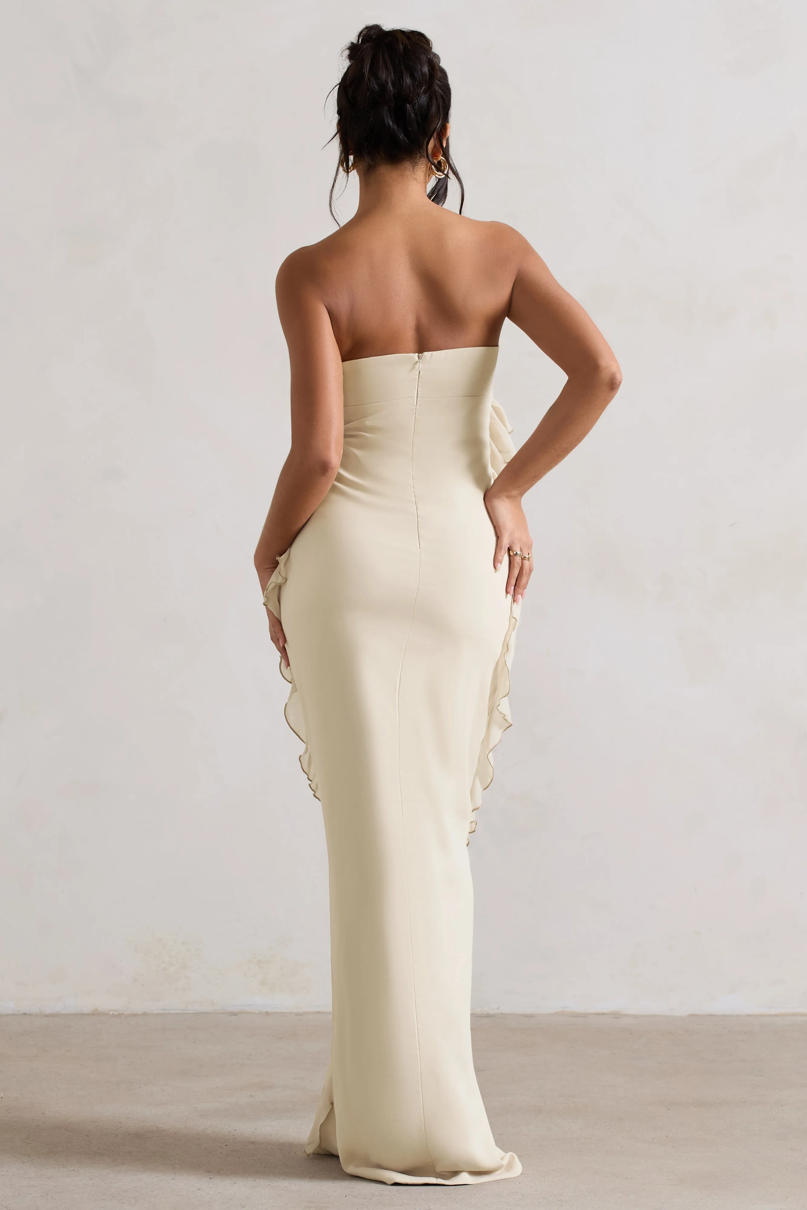 Gardenia | Champagne Strapless Ruffle Maxi Dress With Corsage Club L London