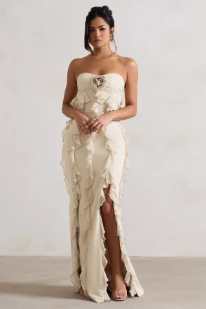 Gardenia | Champagne Strapless Ruffle Maxi Dress With Corsage Club L London