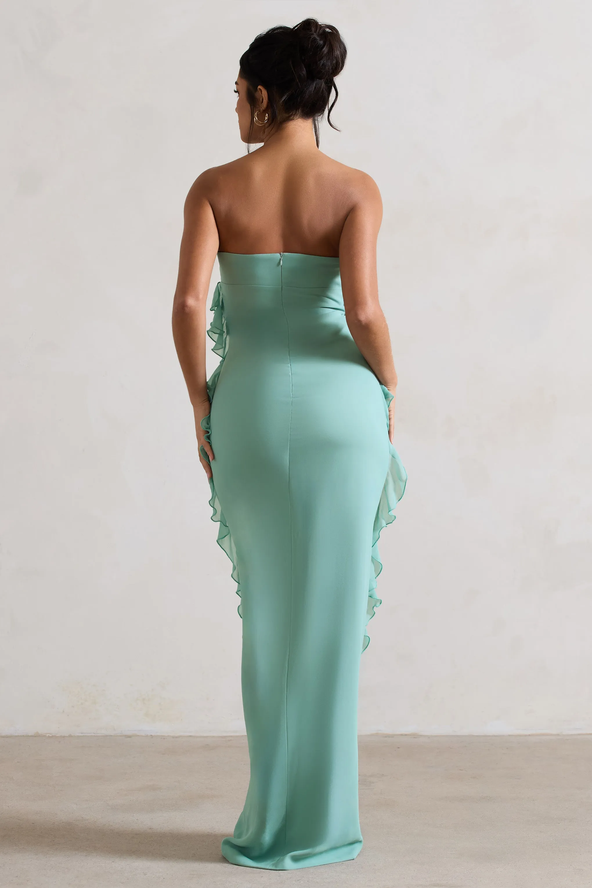 Gardenia | Mint Green Strapless Ruffle Maxi Dress With Corsage Club L London