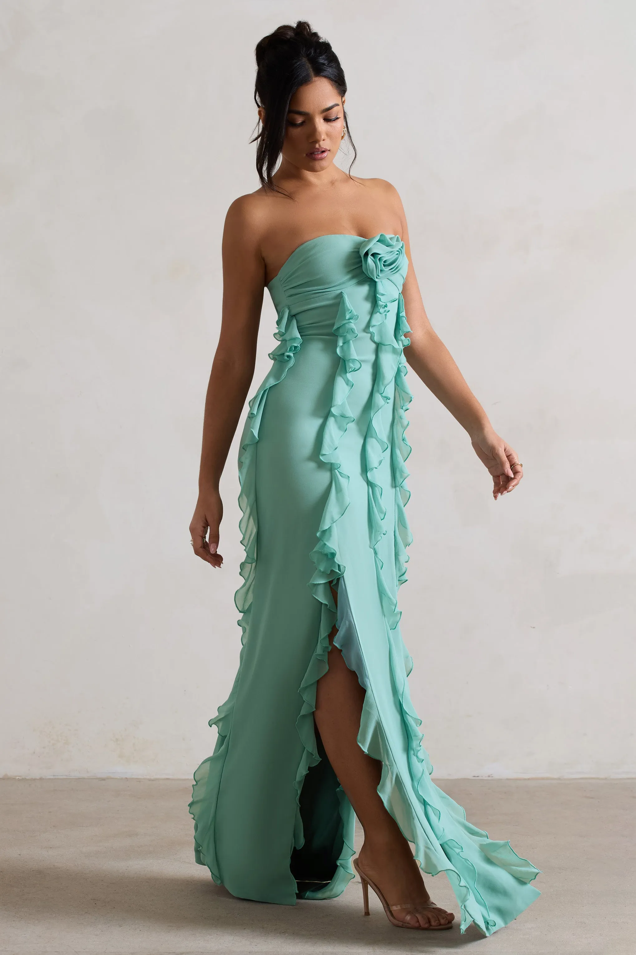 Gardenia | Mint Green Strapless Ruffle Maxi Dress With Corsage Club L London