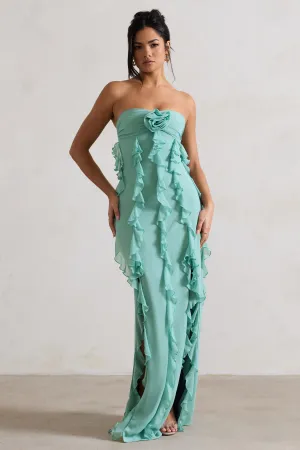 Gardenia | Mint Green Strapless Ruffle Maxi Dress With Corsage Club L London